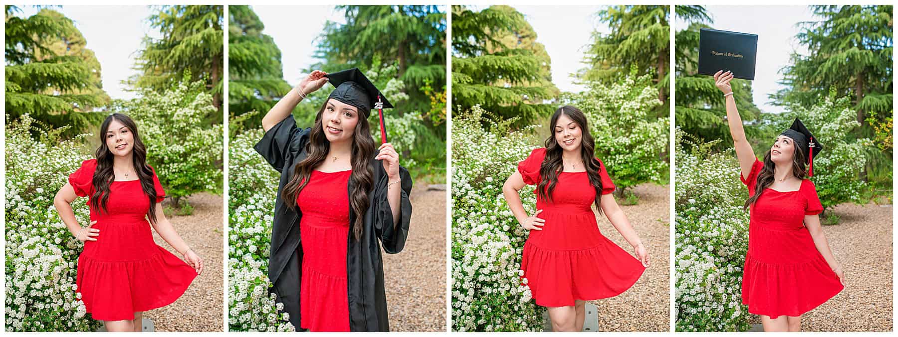 Rio Rancho Senior girl in a red dress with her graduation cap and gown posing by white flowers on UNM campus.