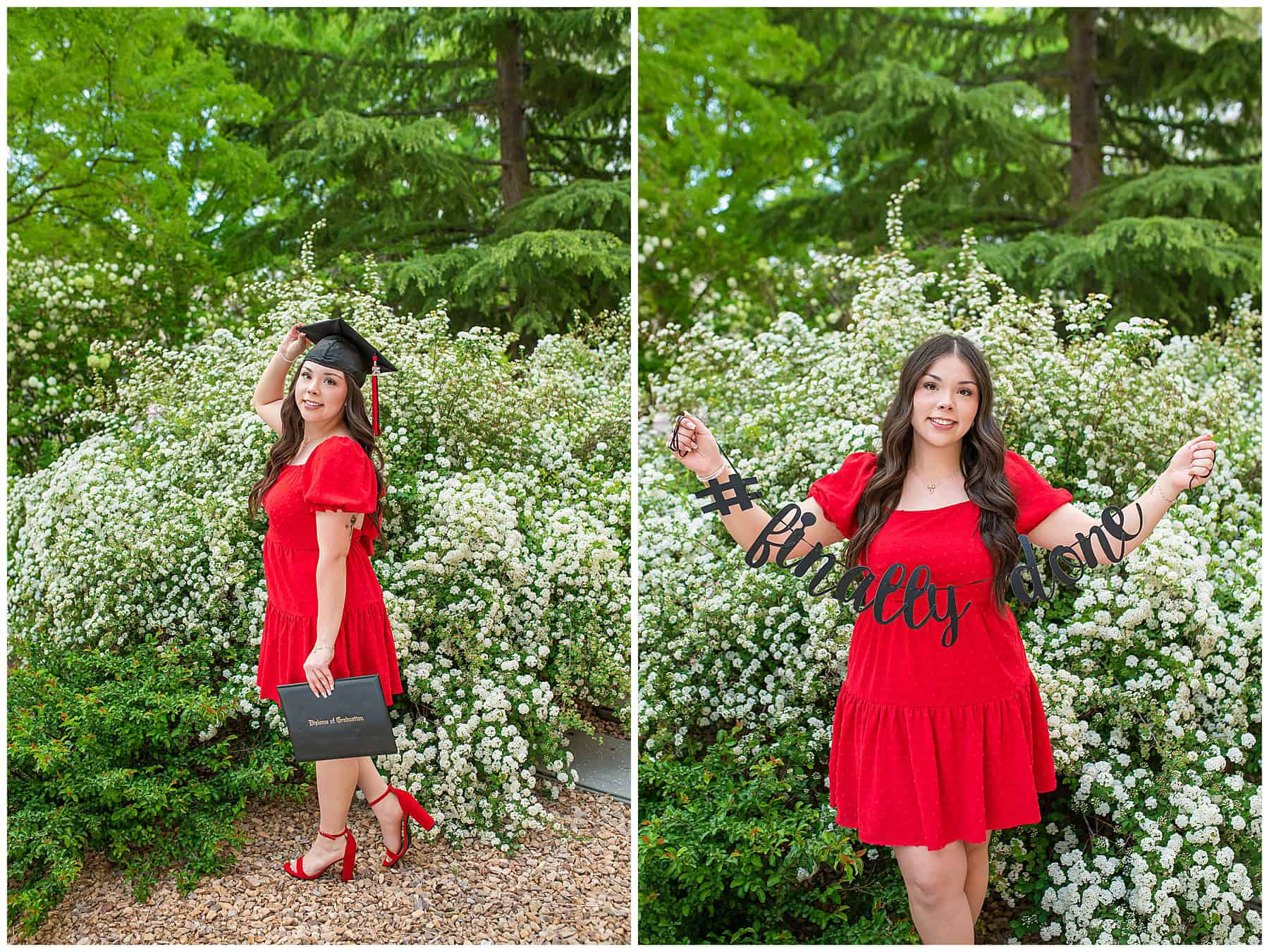 Cap and gown senior portrait of a Class of 2025 graduate in a red dress surrounded by white blooms at the University of New Mexico.
