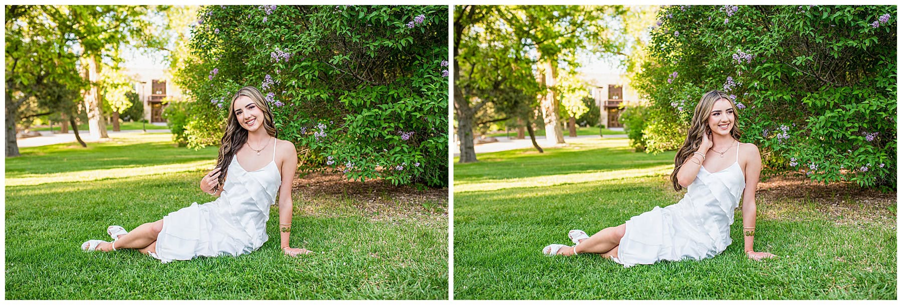 High school senior wearing a white dress surrounded by lilac blooms at UNM in Albuquerque.