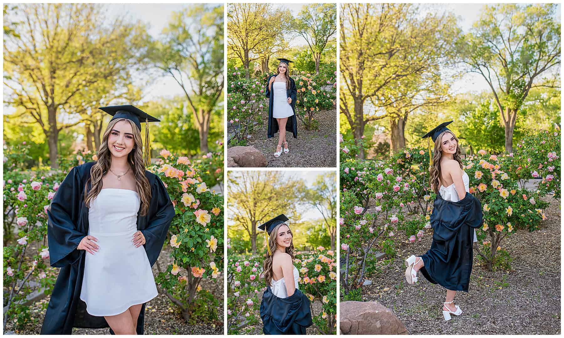 Albuquerque Senior girl celebrating graduation in a white dress and gown surrounded by peach and pink roses at UNM.
