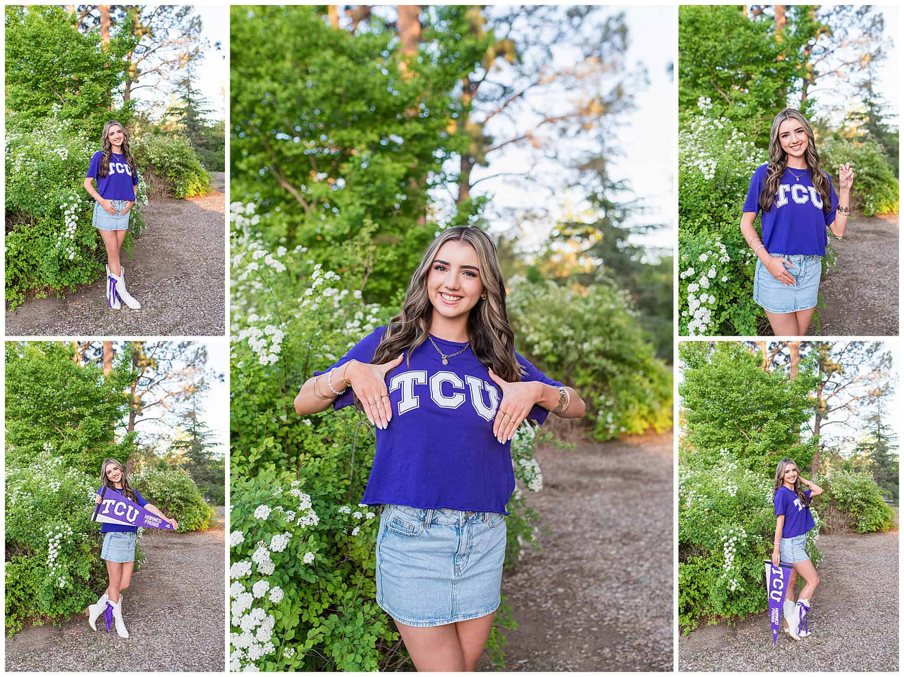 Future TCU student in a jean skirt, TCU shirt, and white cowgirl boots celebrating her college commitment with colorful greenery in Albuquerque.