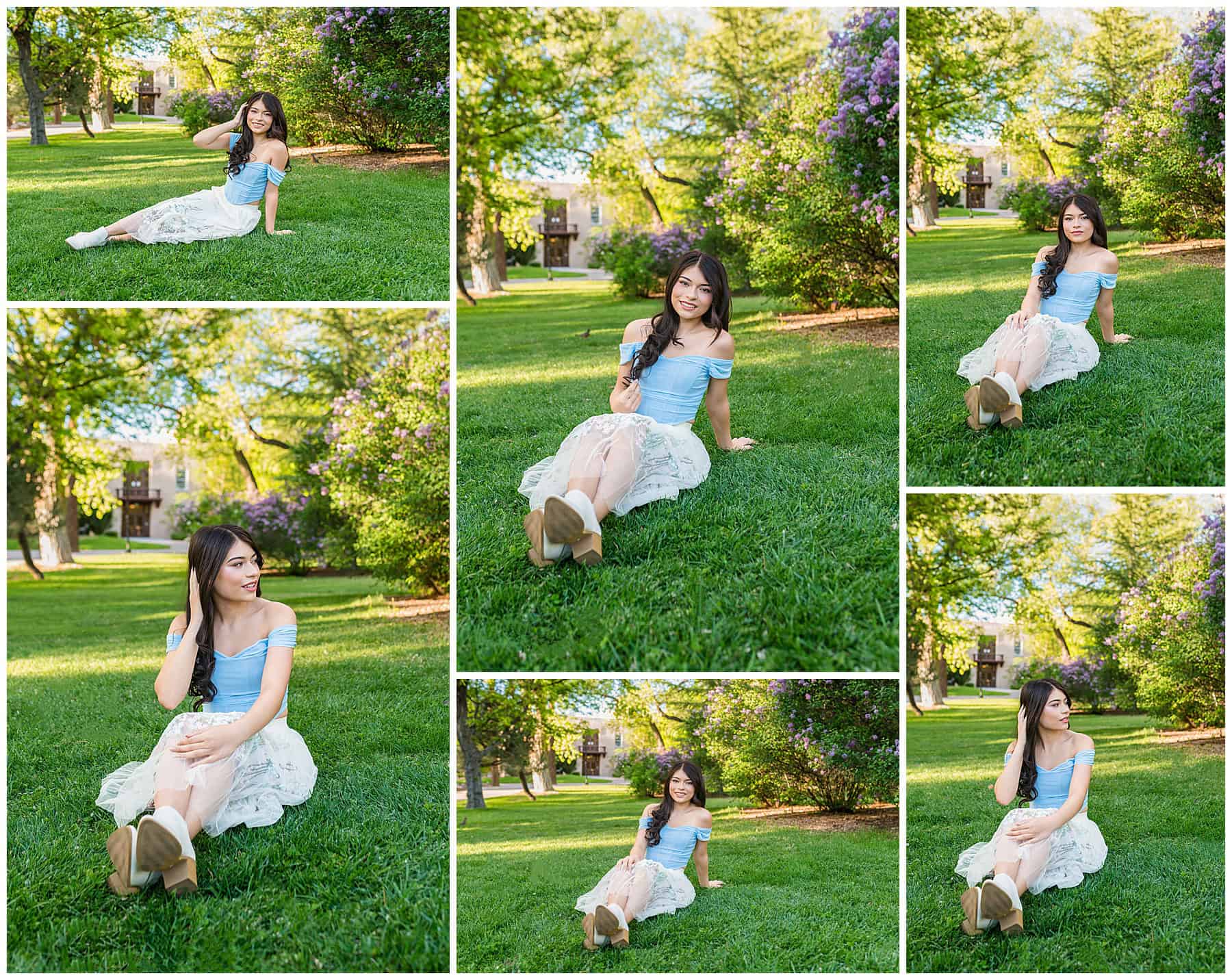 Class of 2025 senior twirling in a blue top and soft tulle skirt surrounded by lilacs for senior pictures in Santa Fe, NM.