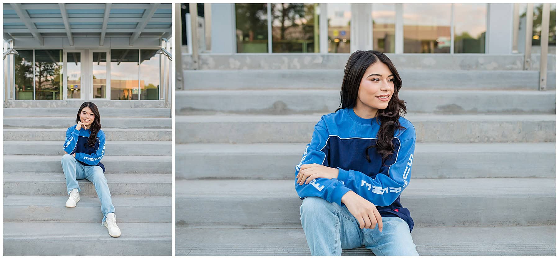 Senior girl showing off her casual, laid-back style in jeans and sneakers with an urban city vibe during her senior photo session in Santa Fe, NM.