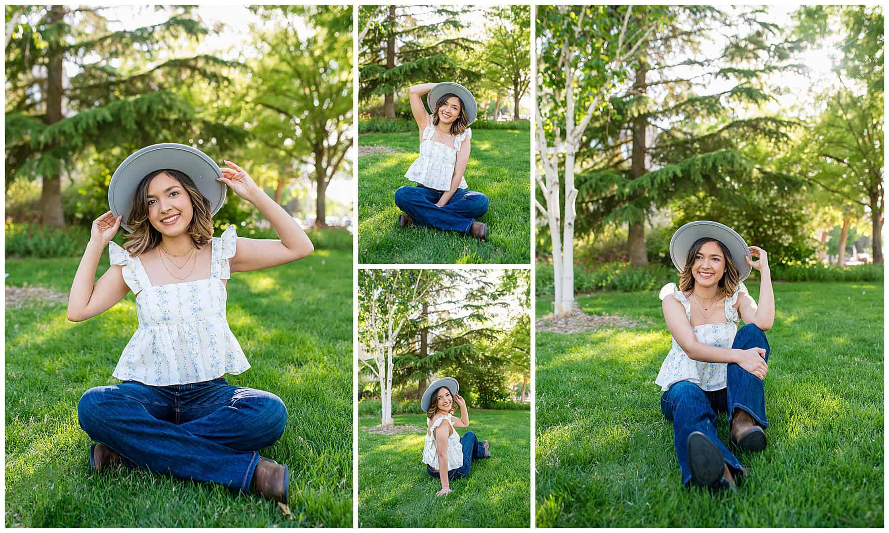 Class of 2025 senior giving country girl vibes in jeans, a flowered top, and cowgirl boots surrounded by greenery on the University of New Mexico campus in Albuquerque, New Mexico