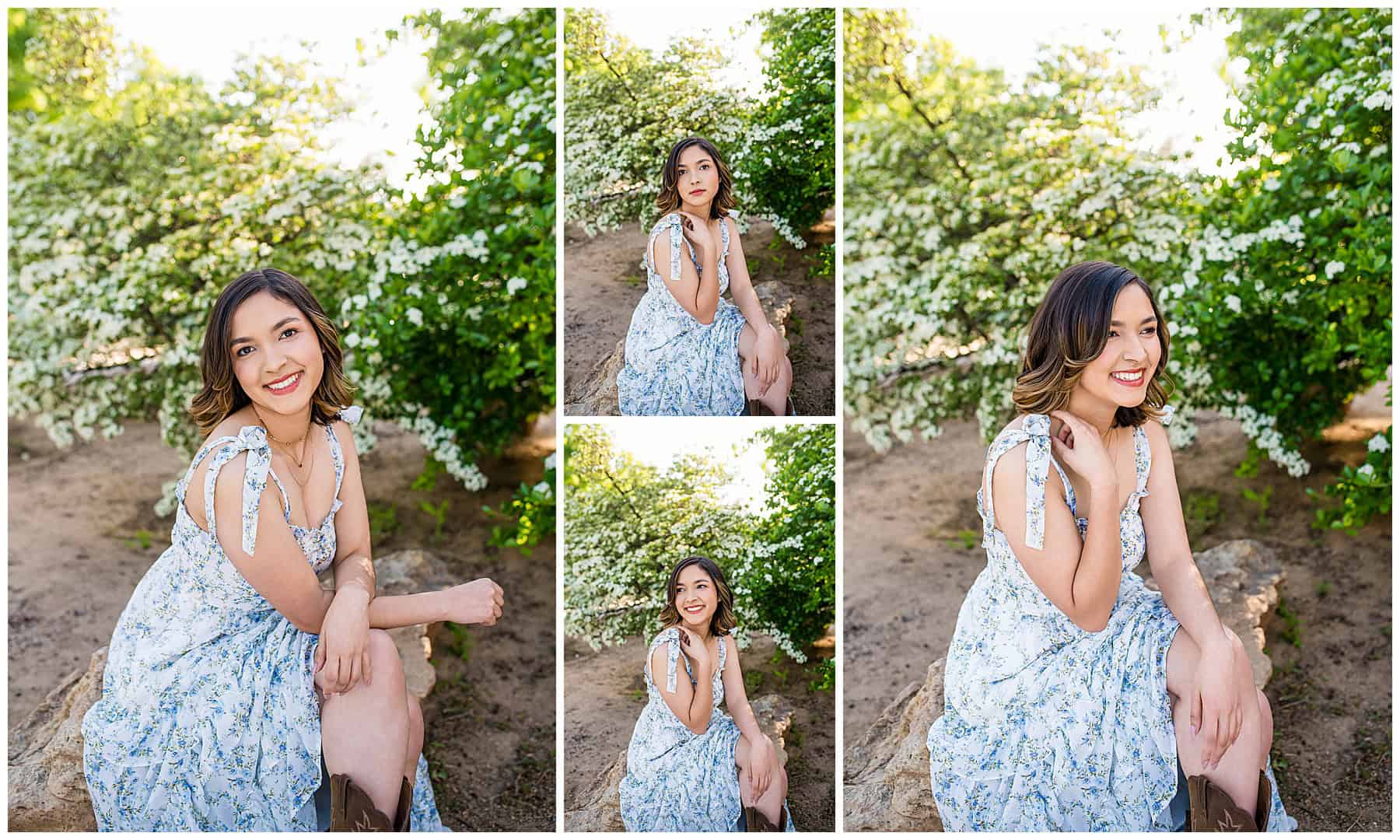 Rio Rancho senior posing in a floral white and blue dress with cowgirl boots next to white flowering bushes in Albuquerque during spring.