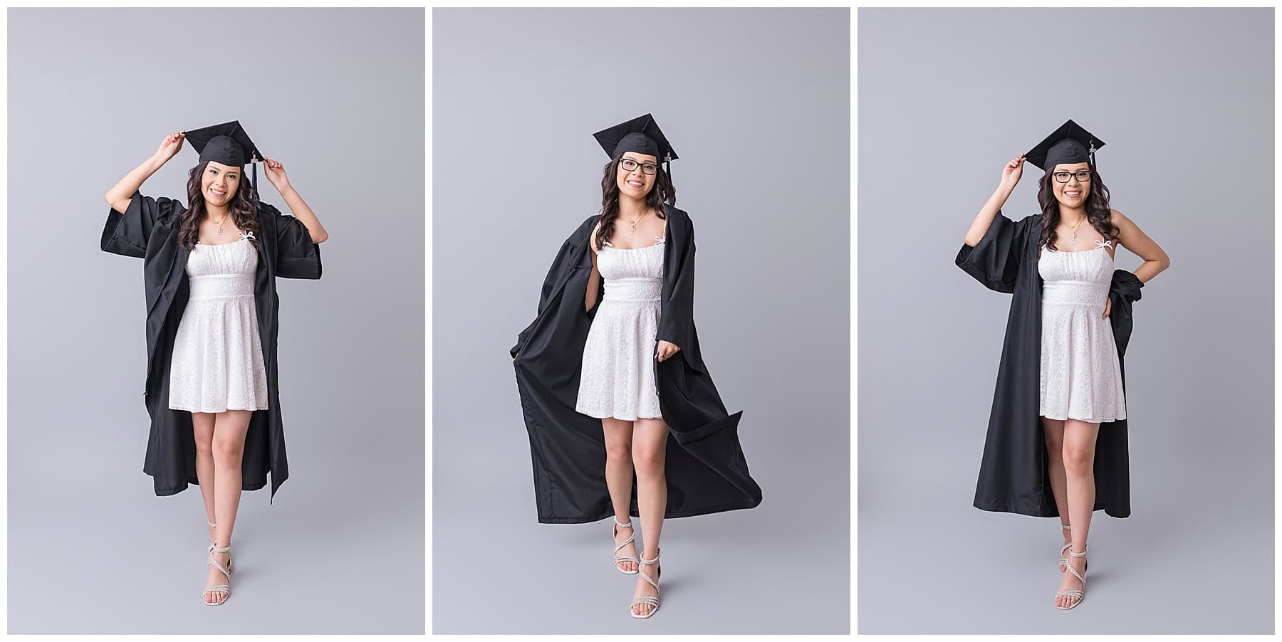 Graduating senior from Cleveland High in Rio Rancho posing in cap and gown during her in-studio senior photo session in Albuquerque, NM.