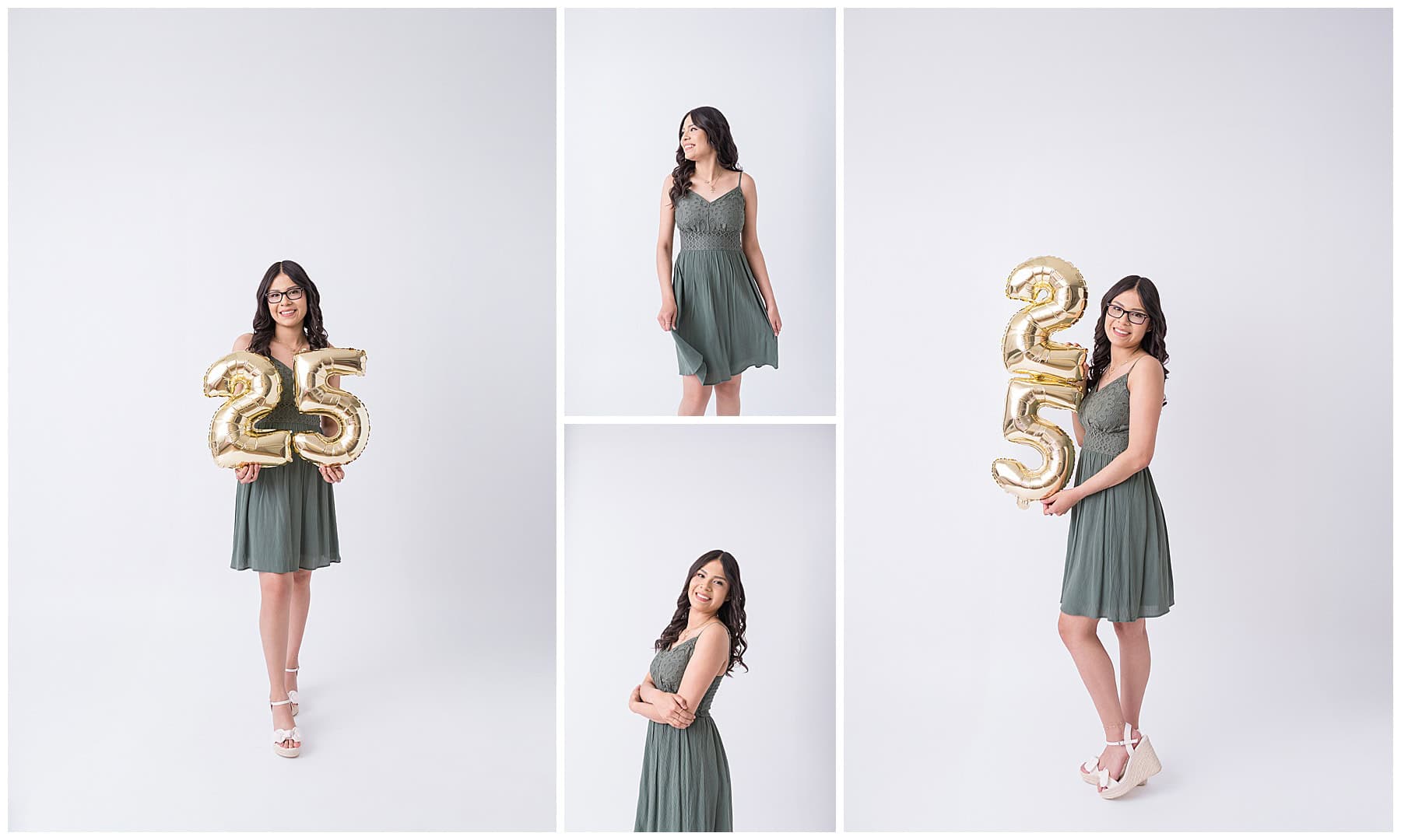 Senior girl in a green dress holding 2025 balloons during a colorful in-studio senior session at AMP Studio in Albuquerque, New Mexico.