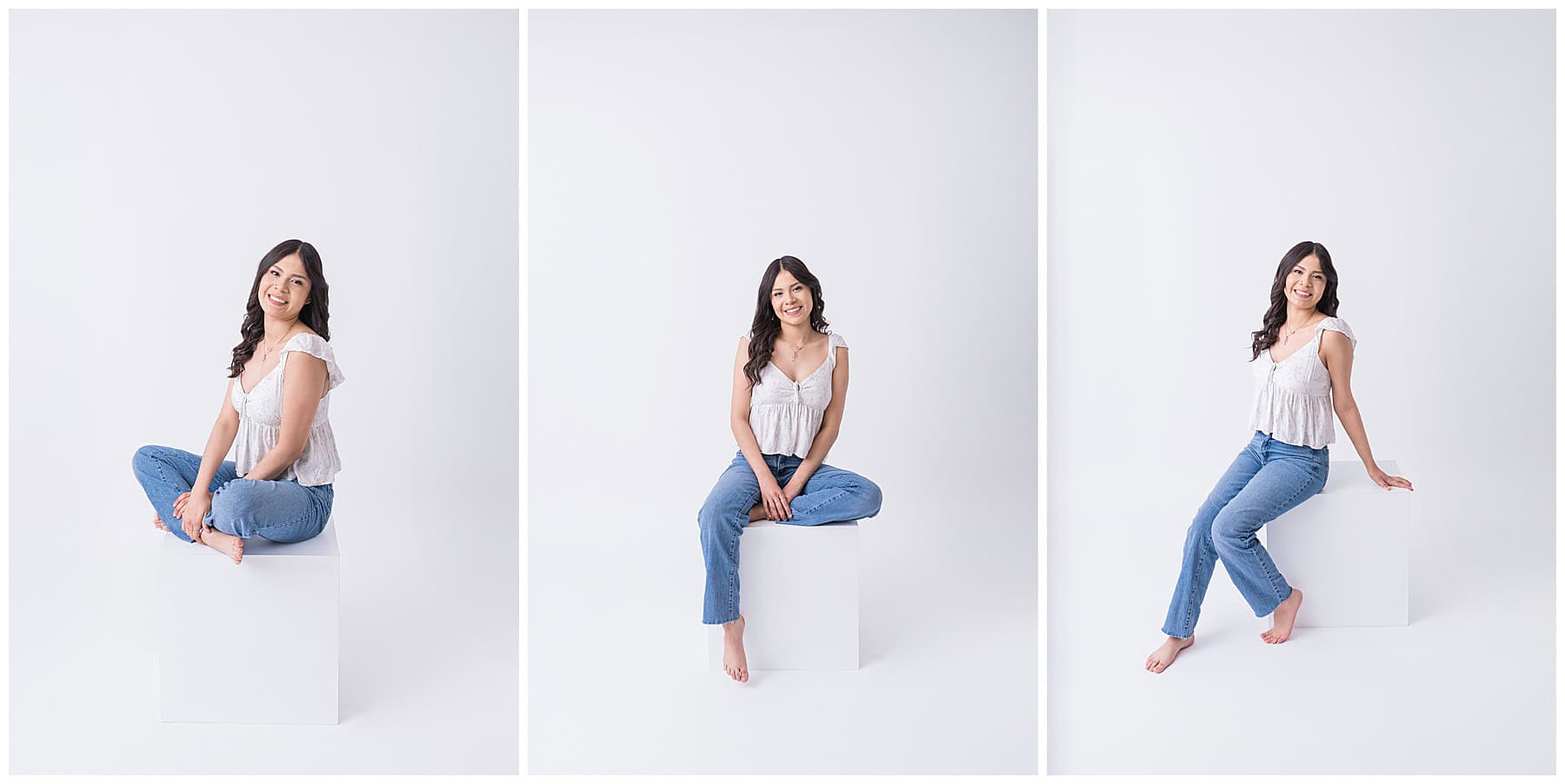 Rio Rancho senior in casual blue jeans and white tank top with glasses during an indoor AMP Studio senior photo session in Albuquerque.