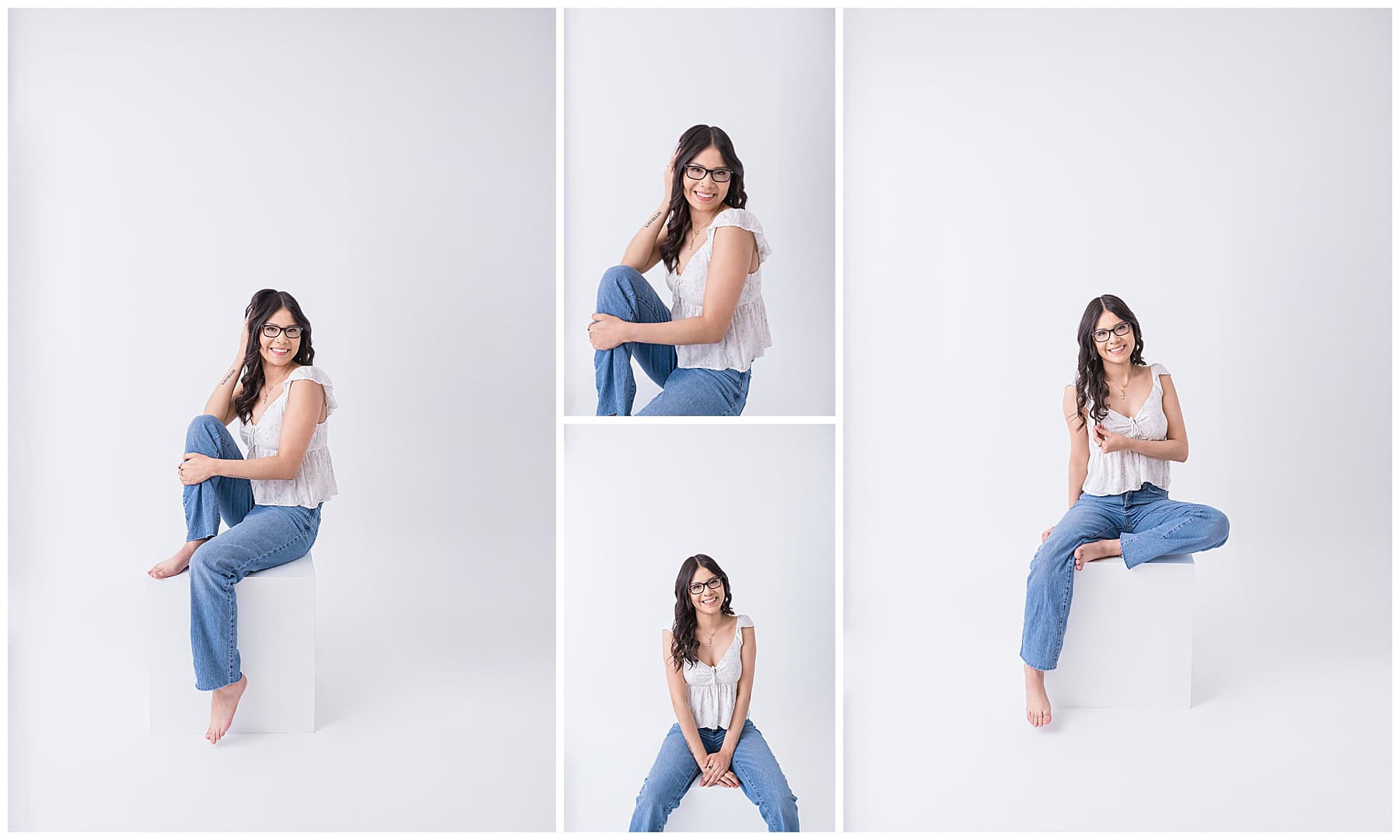 High school senior in Albuquerque posing in blue jeans and white top without glasses in a modern studio senior portrait session.