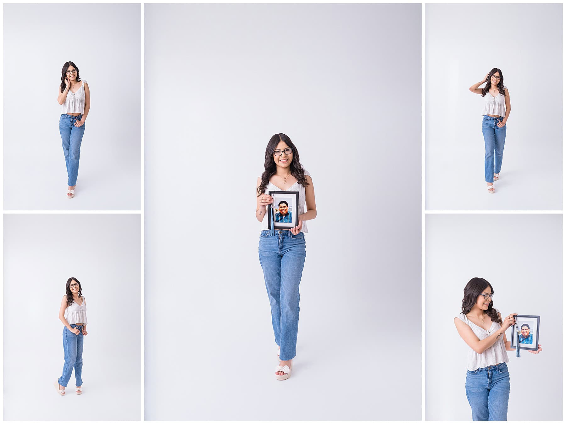 Rio Rancho senior girl in a casual outfit sitting for a heartfelt in-studio photo at AMP Studio, Albuquerque, including a memorial portrait.