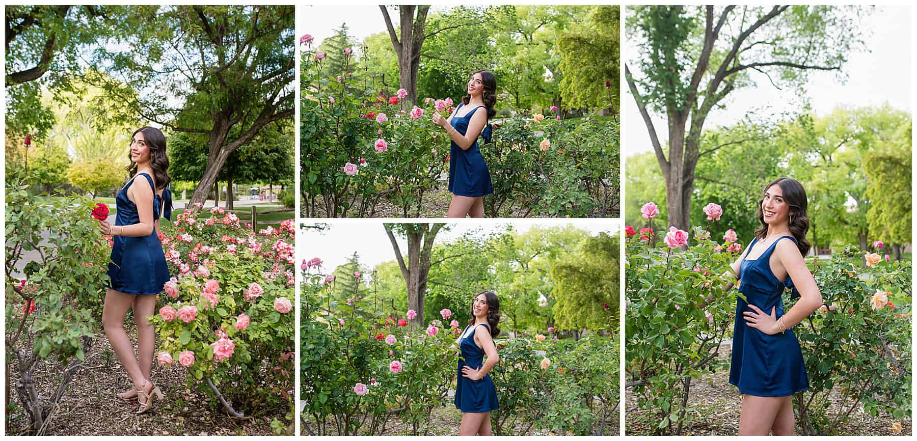 Valley High School senior girl in a vibrant blue satin dress posing for colorful senior portraits in Albuquerque, New Mexico.