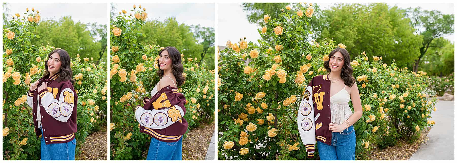 Albuquerque senior portrait of a high school girl standing in front of blooming roses, vibrant and full of color and personality.