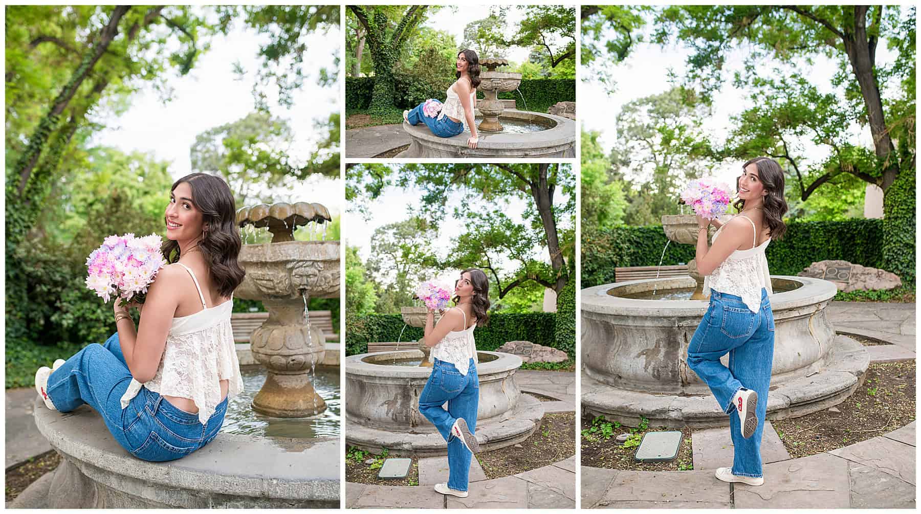 Colorful senior portrait of a Valley High School senior posing by a water fountain in Albuquerque, styled and confident.