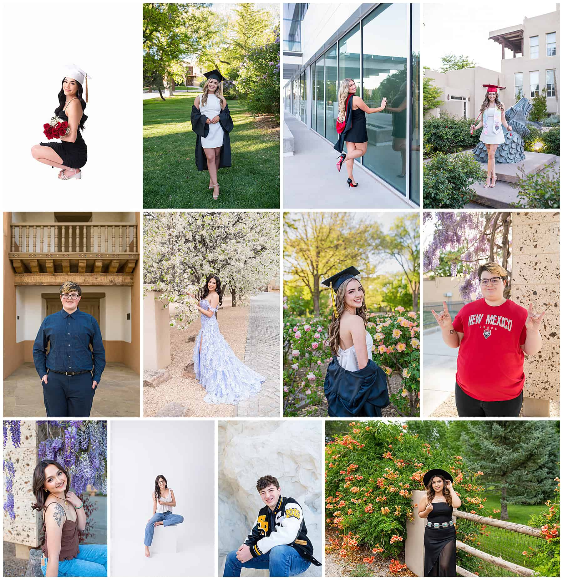 Senior photo collage featuring Class of 2025 graduates photographed in Rio Rancho and Albuquerque areas.
