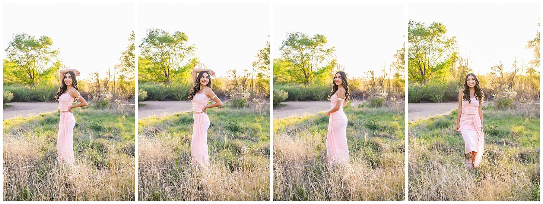 Albuquerque senior standing in a sunny open field wearing a pink two-piece dress with beautiful backlighting at Bachechi Open Space.
