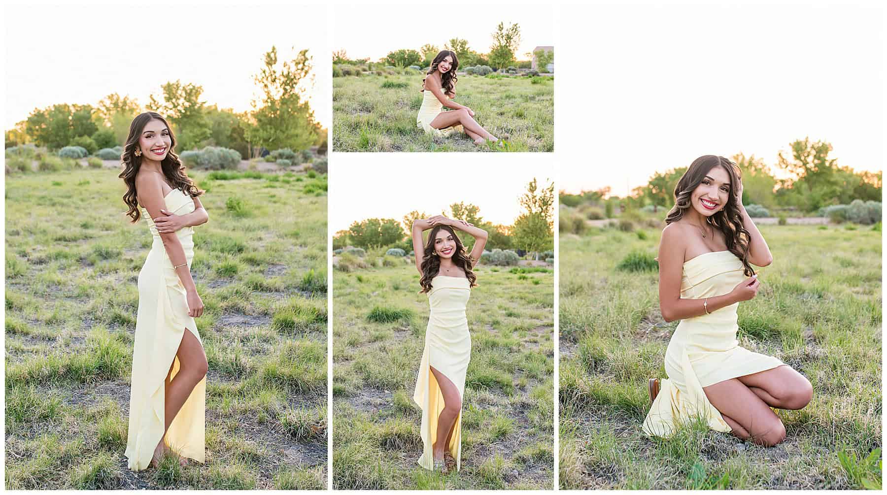 Senior girl in a yellow dress with soft, glowing backlight in an open field during her spring senior session at Bachechi Open Space in Albuquerque, NM.