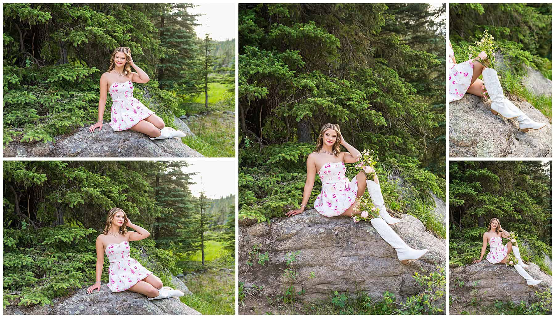 Portrait of a senior in white boots, twirling in a white and pink dress near a peaceful river in Jemez.