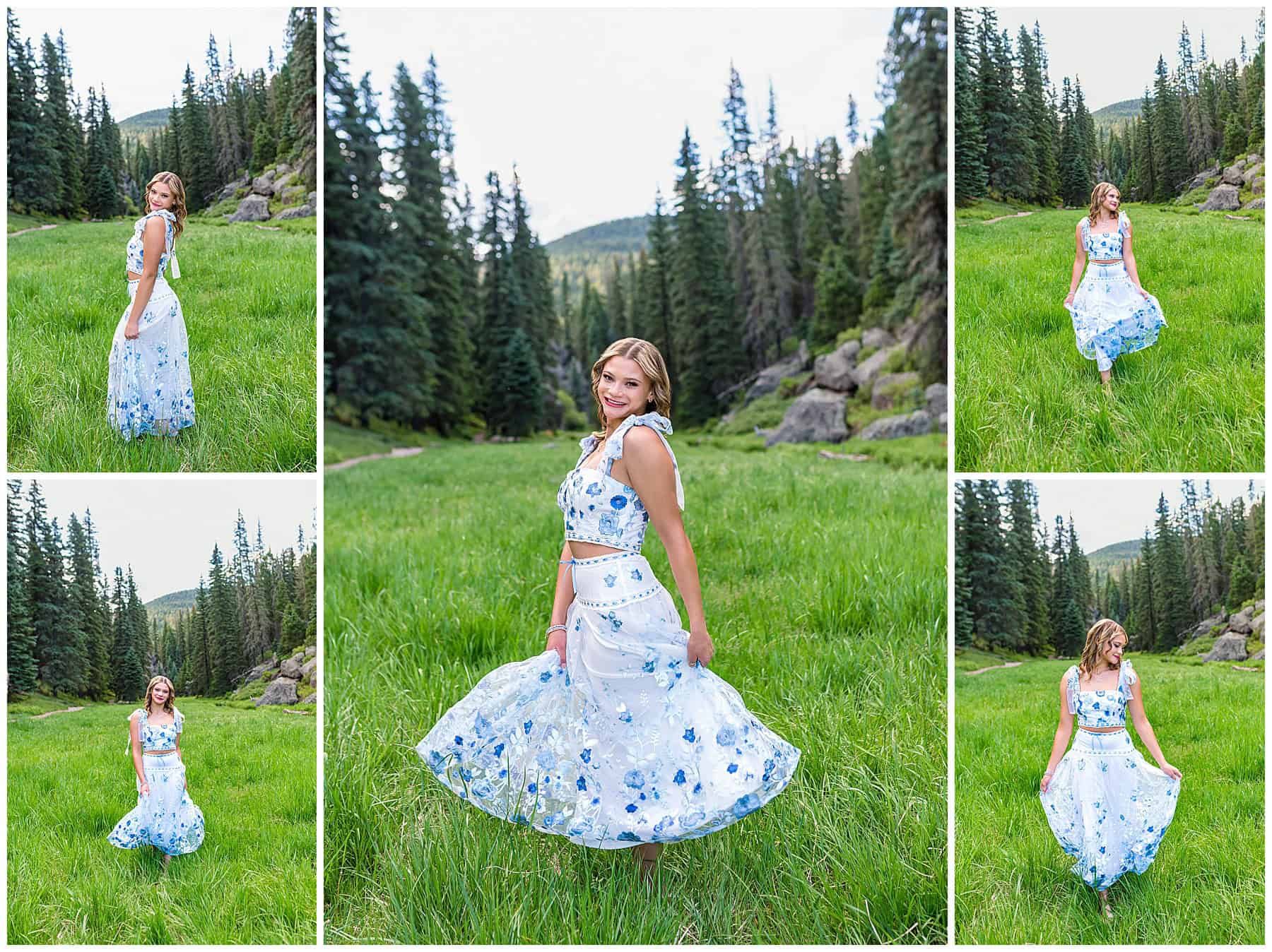 High school senior sitting on a rock by the river in Jemez, wearing a flowy two-piece white and blue floral outfit.