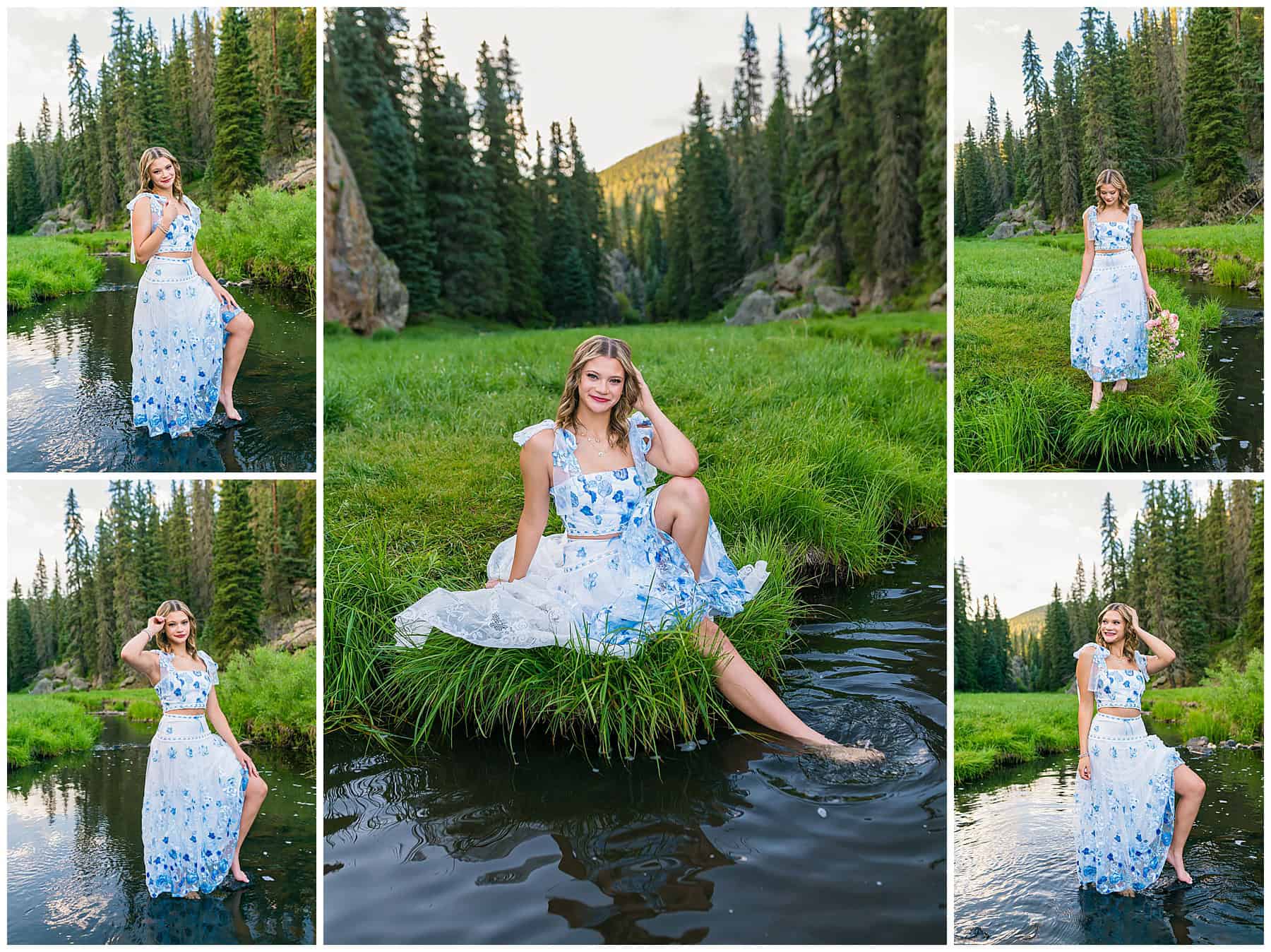 Senior standing barefoot in the river, wearing a long white and blue floral skirt and crop top, surrounded by nature.