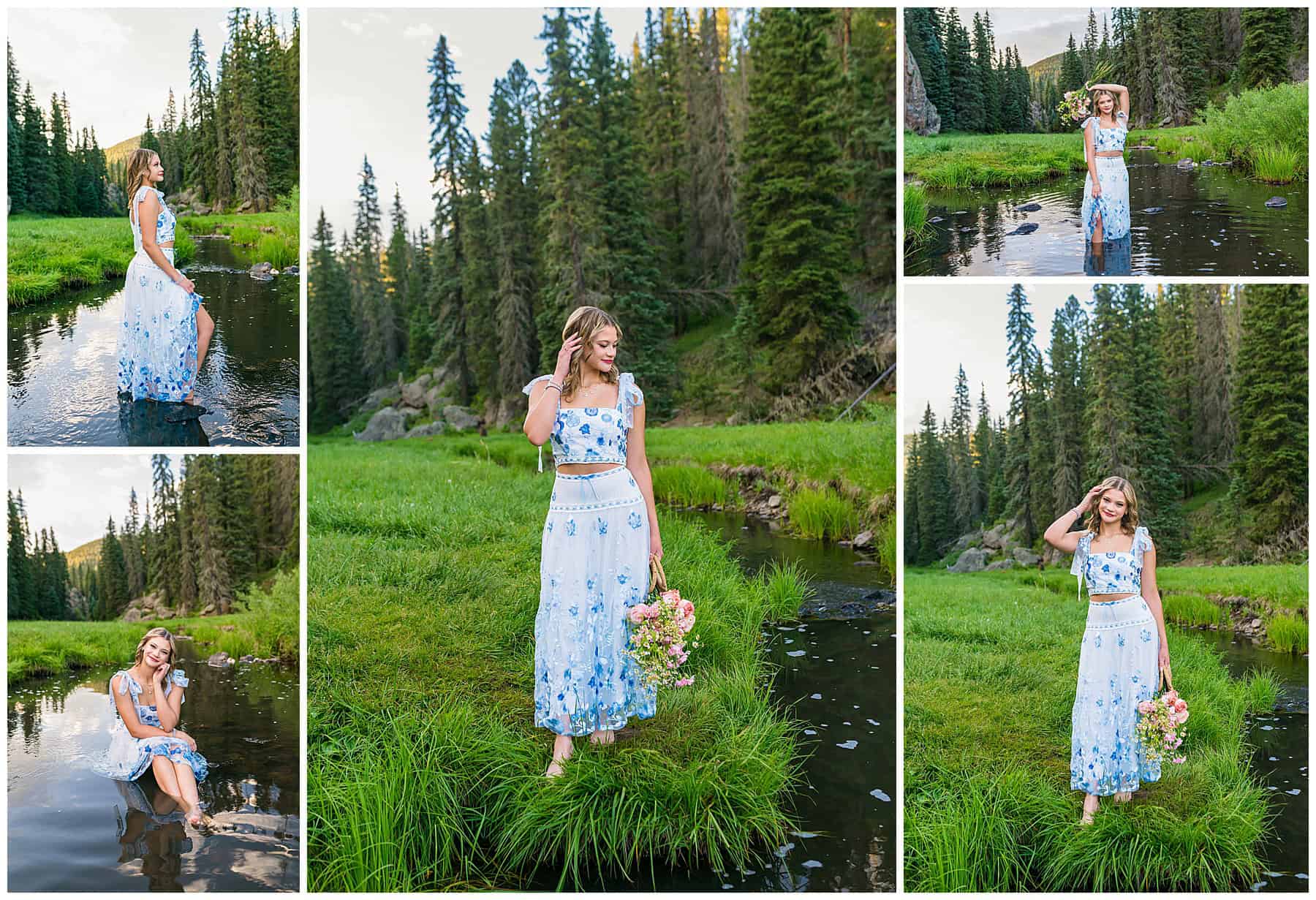 Candid shot of a high school senior laughing in the river during a summer photoshoot, with green trees and mountains in the background.