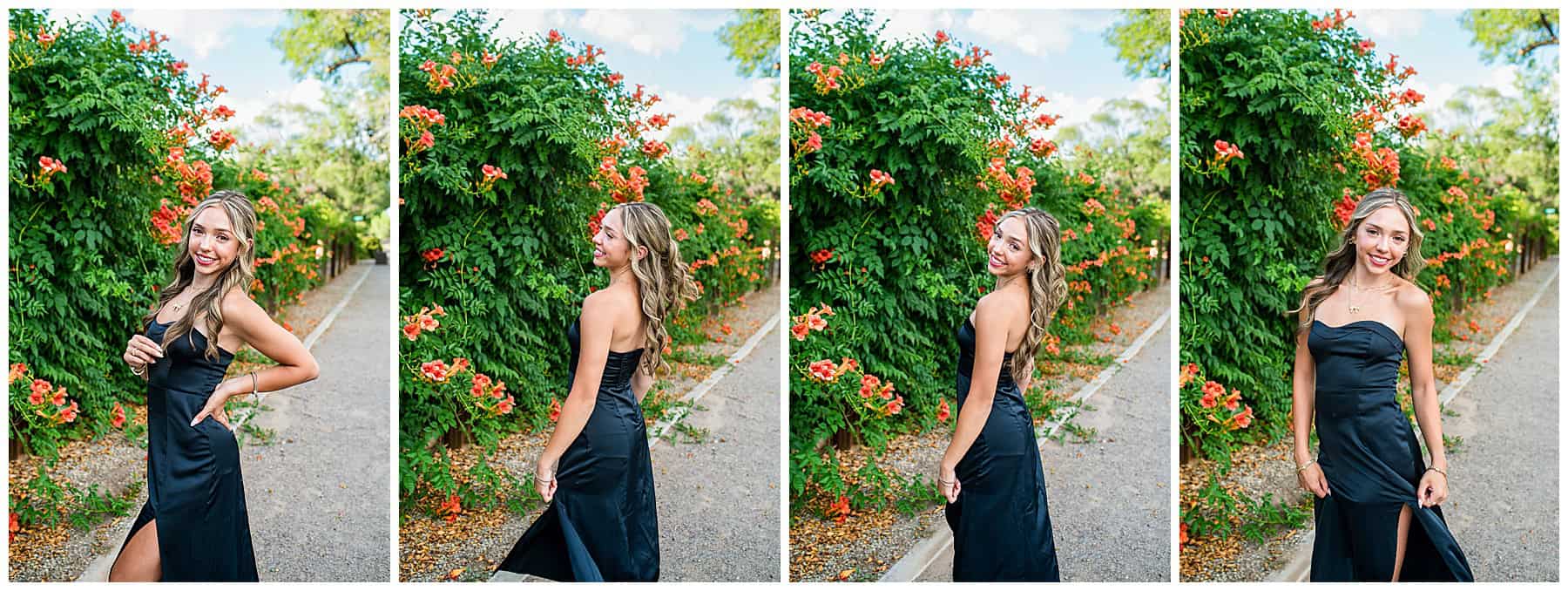 Senior posing in a black slip dress next to blooming orange trumpet bushes during a summer photoshoot in Albuquerque, New Mexico
