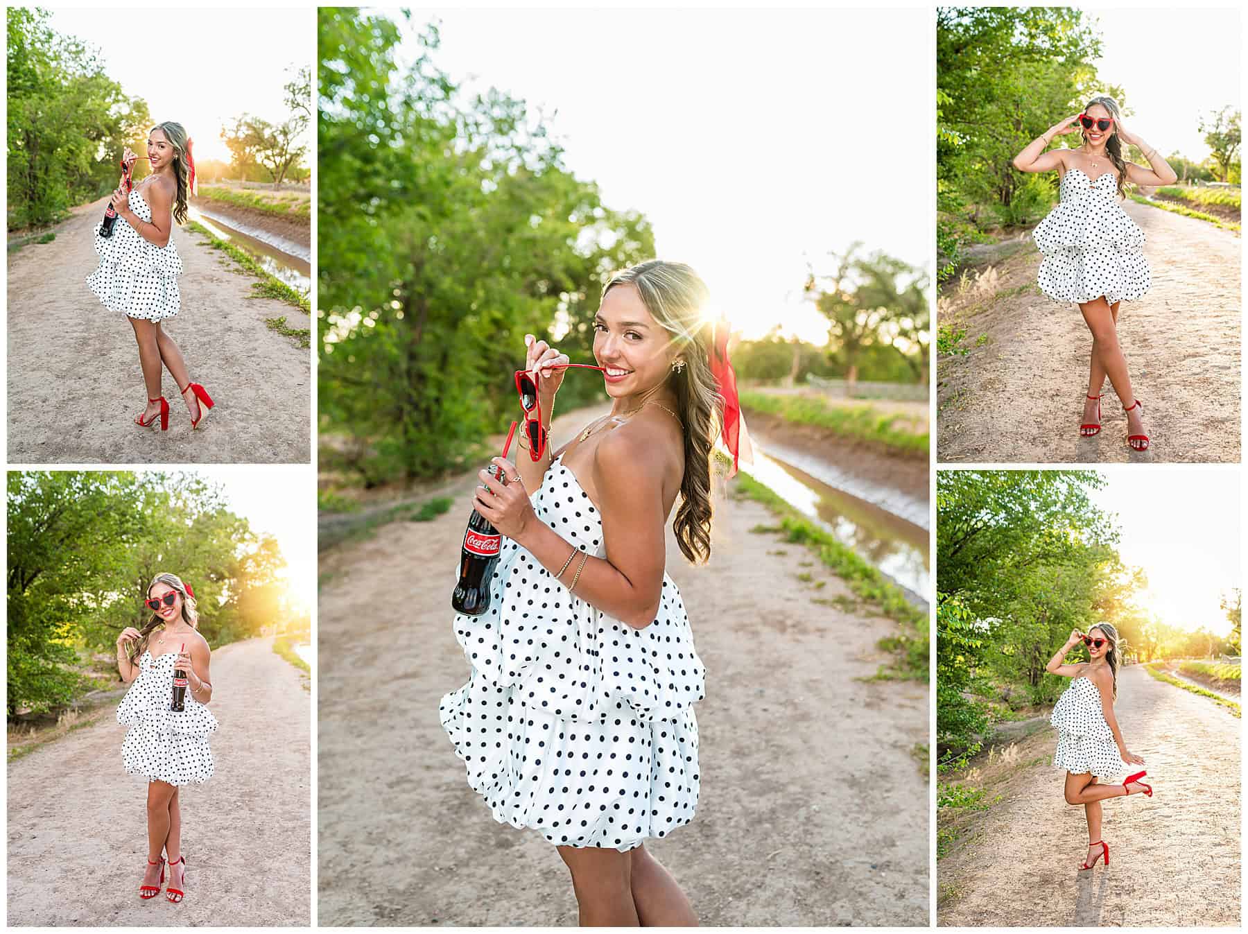 Senior walking down a backlit dirt road in a white polka dot dress with red heels and sunglasses, holding a glass bottle of Coke in Albuquerque, New Mexico