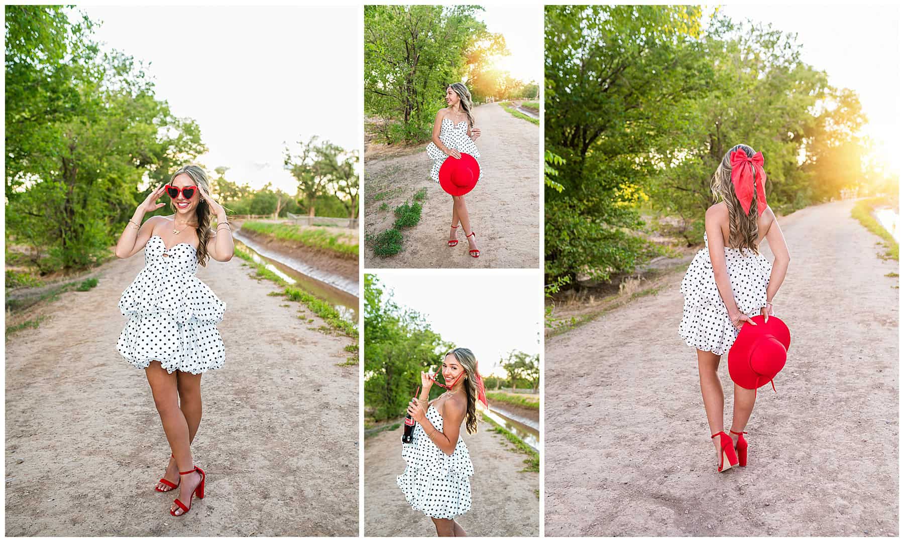 Retro-inspired  High School senior photo shoot in Albuquerque, New Mexico on a sunlit dirt road, featuring a white polka dot dress, red accessories, and a vintage Coca-Cola bottle in hand.