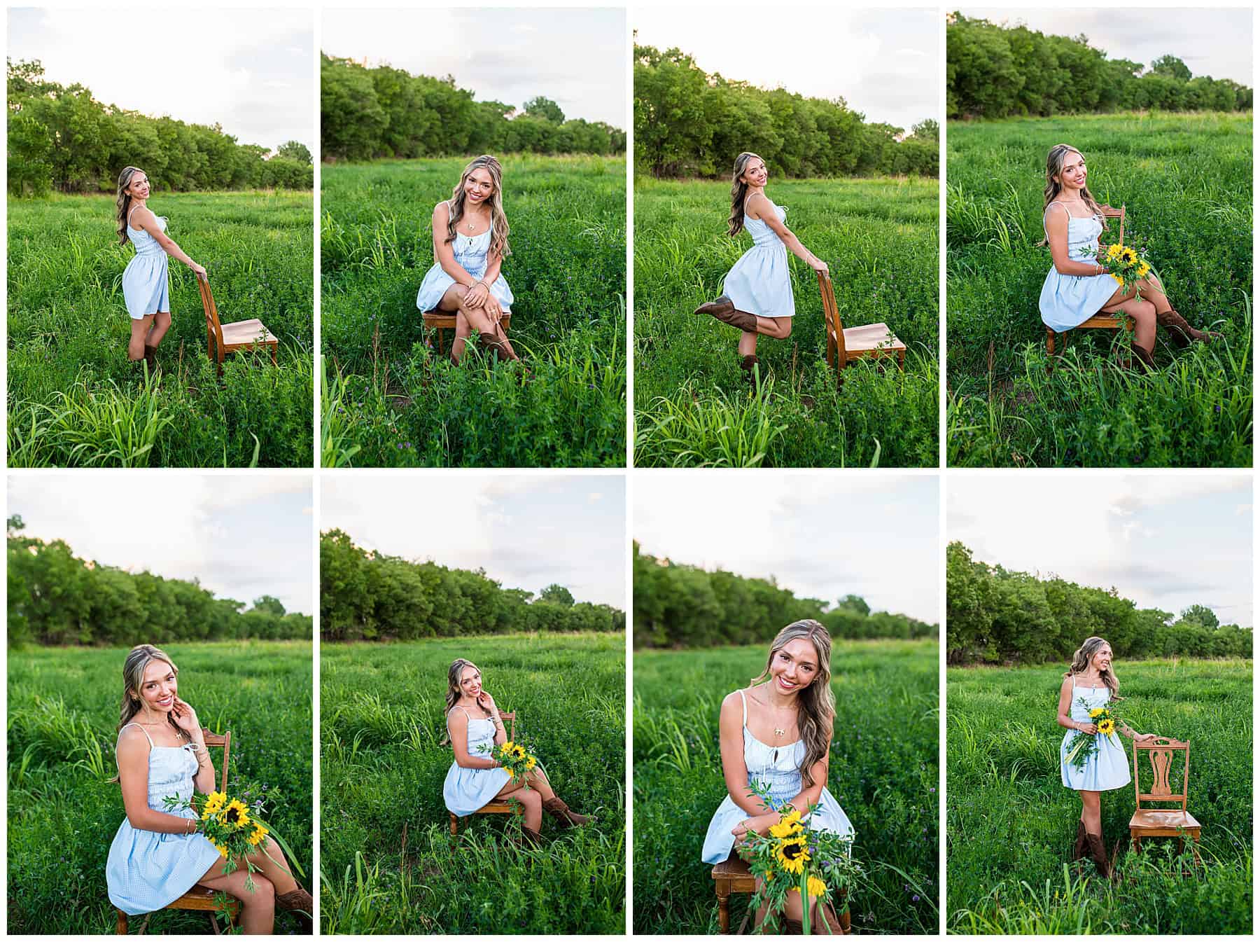 New Mexico High School Senior photoshoot of a girl in a flowy blue dress standing in a grassy field, holding a large bouquet of bright yellow sunflowers.