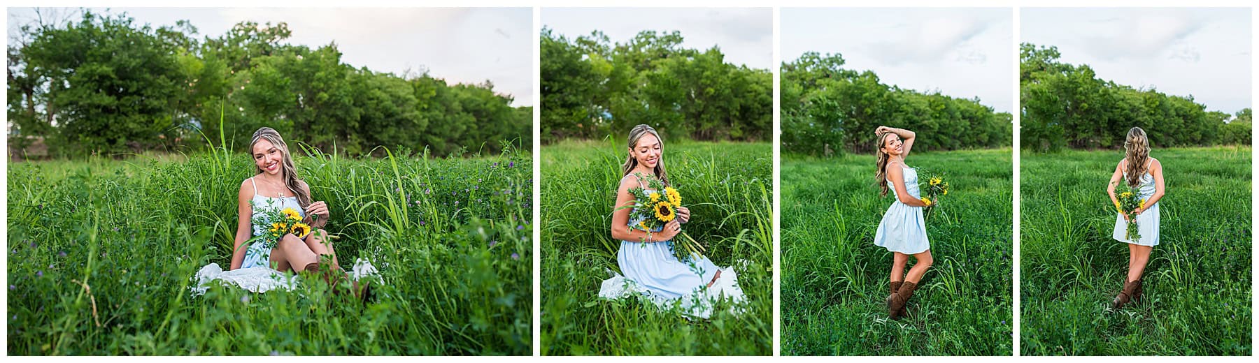 Golden hour photo of a Eldorado High School senior in a blue dress with sunflowers, trees softly blurred in the background in Albuquerque, New Mexico.

