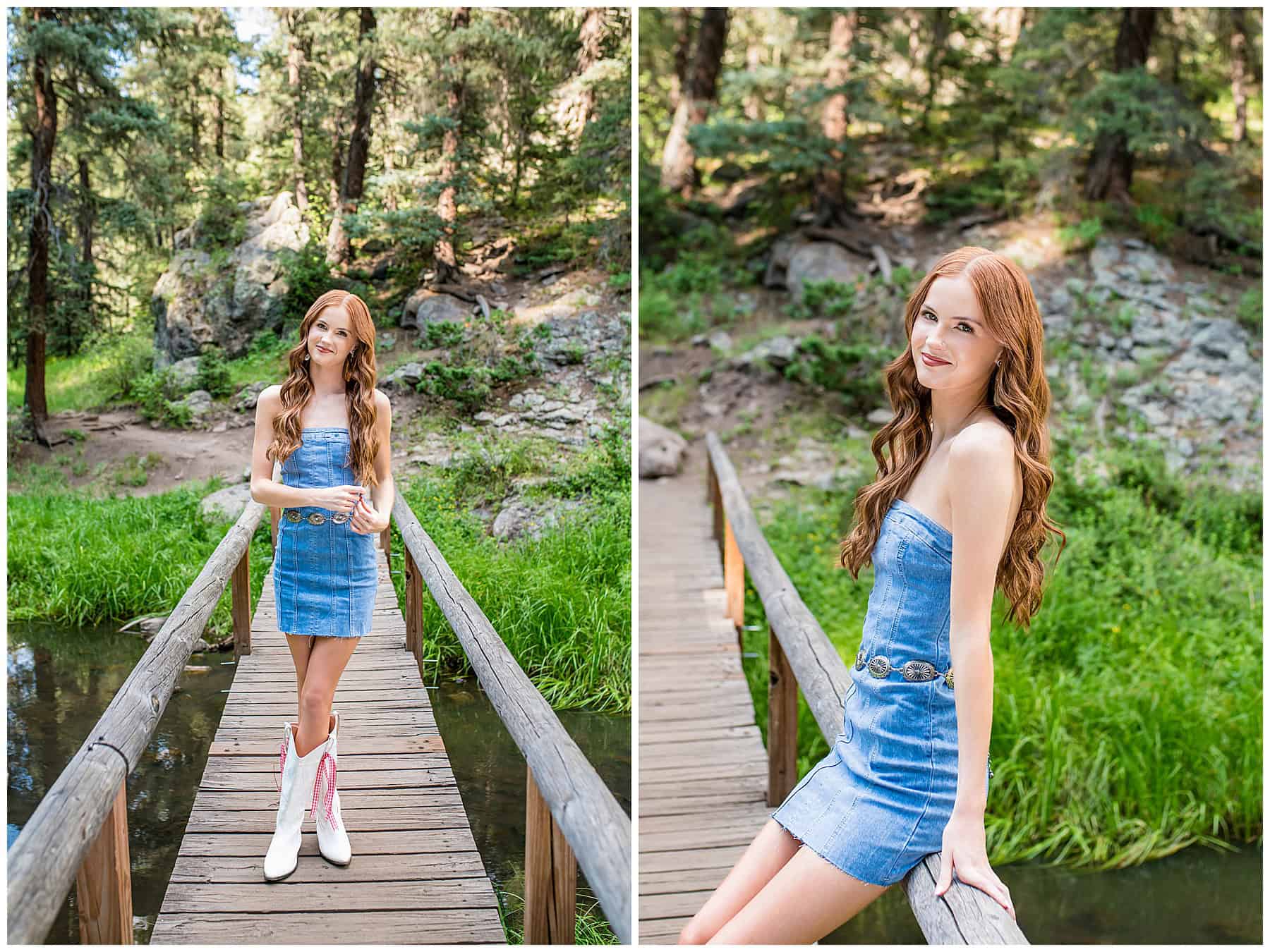 Senior girl in a denim dress smiling in the Jemez Mountains during a summer senior session in Northern New Mexico.