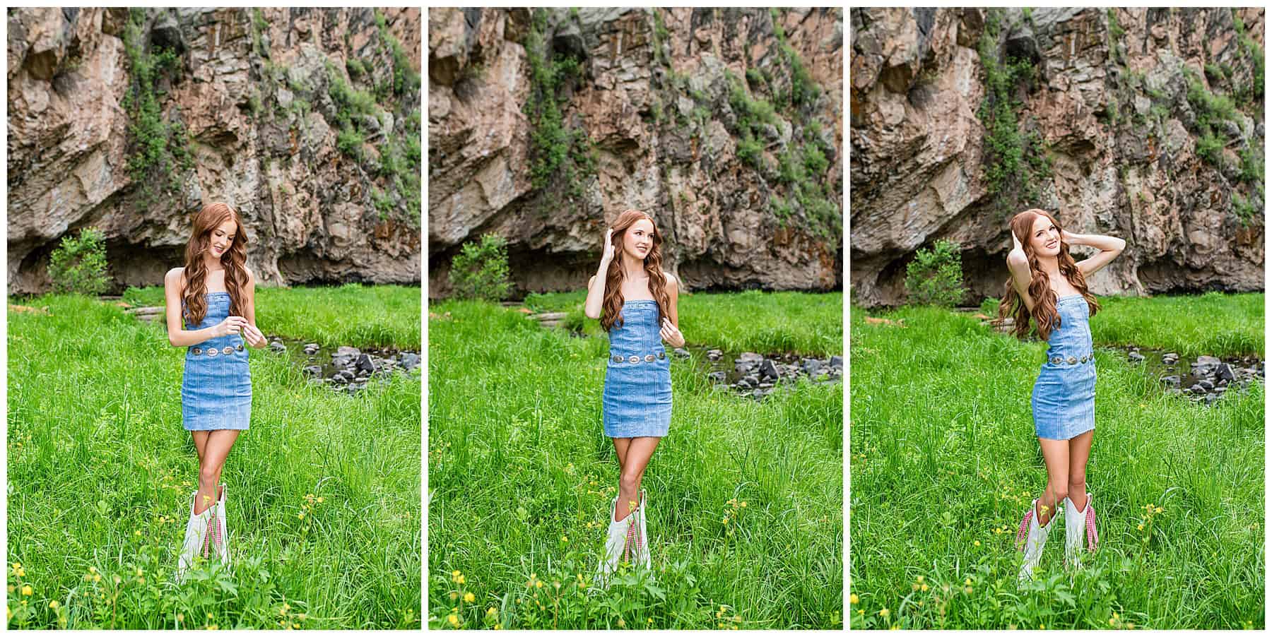 Natural light portrait of a high school senior in a denim dress, posing in front of trees and mountains near Santa Fe, New Mexico.