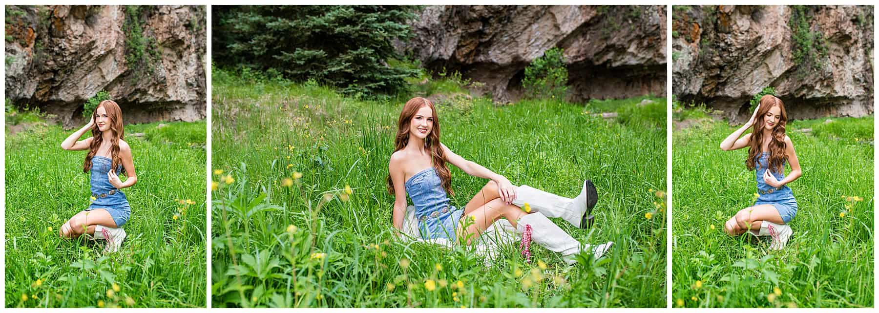 Senior walking through a mountain path in Jemez wearing a denim dress, captured during her Northern New Mexico senior photo session.