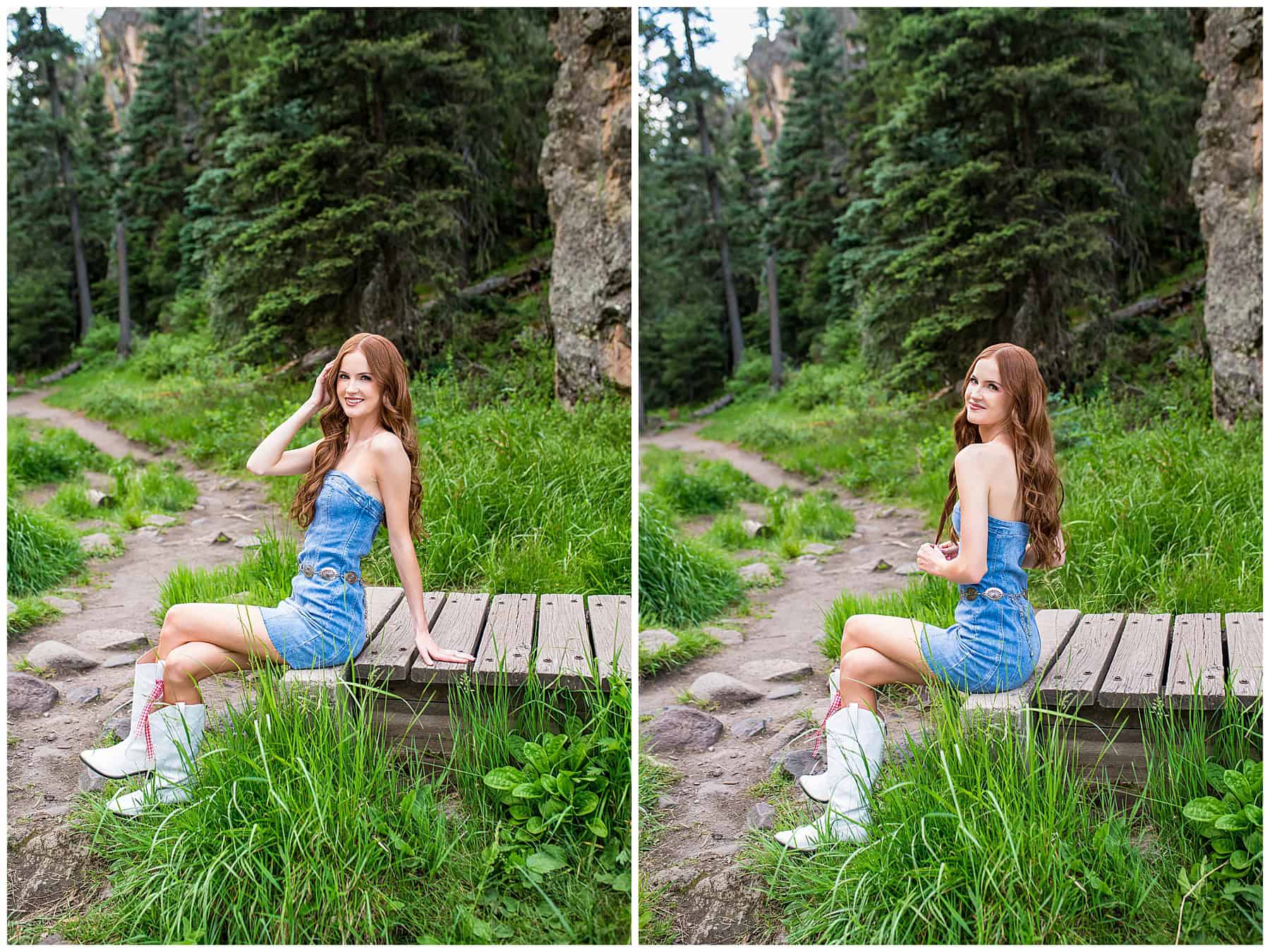 Albuquerque senior posing in the Jemez Mountains in a denim dress with natural greenery.