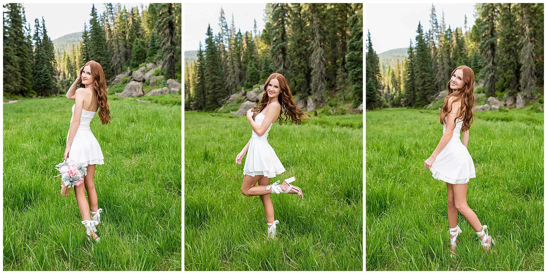 Senior girl in a white flowy mini dress posing in a grassy field near Rio Rancho during golden hour.

