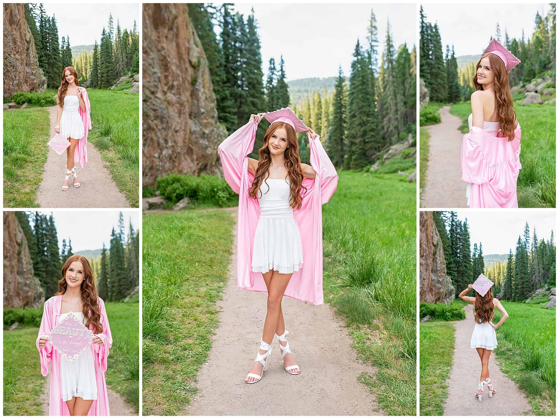 Senior in a white dress and pink cap and gown smiling proudly during her senior portrait photo session in Santa Fe, New Mexico.