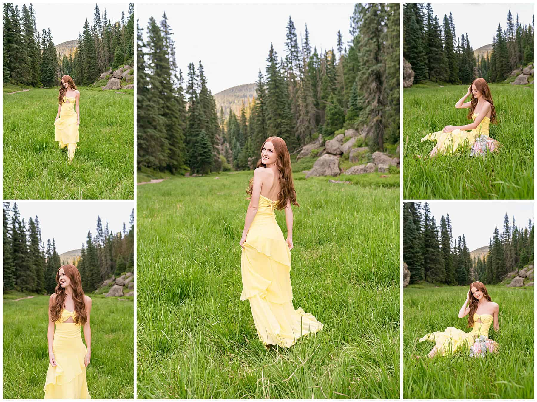 Senior girl in a long yellow dress standing in a lush green field near Albuquerque, barefoot and glowing during golden hour.