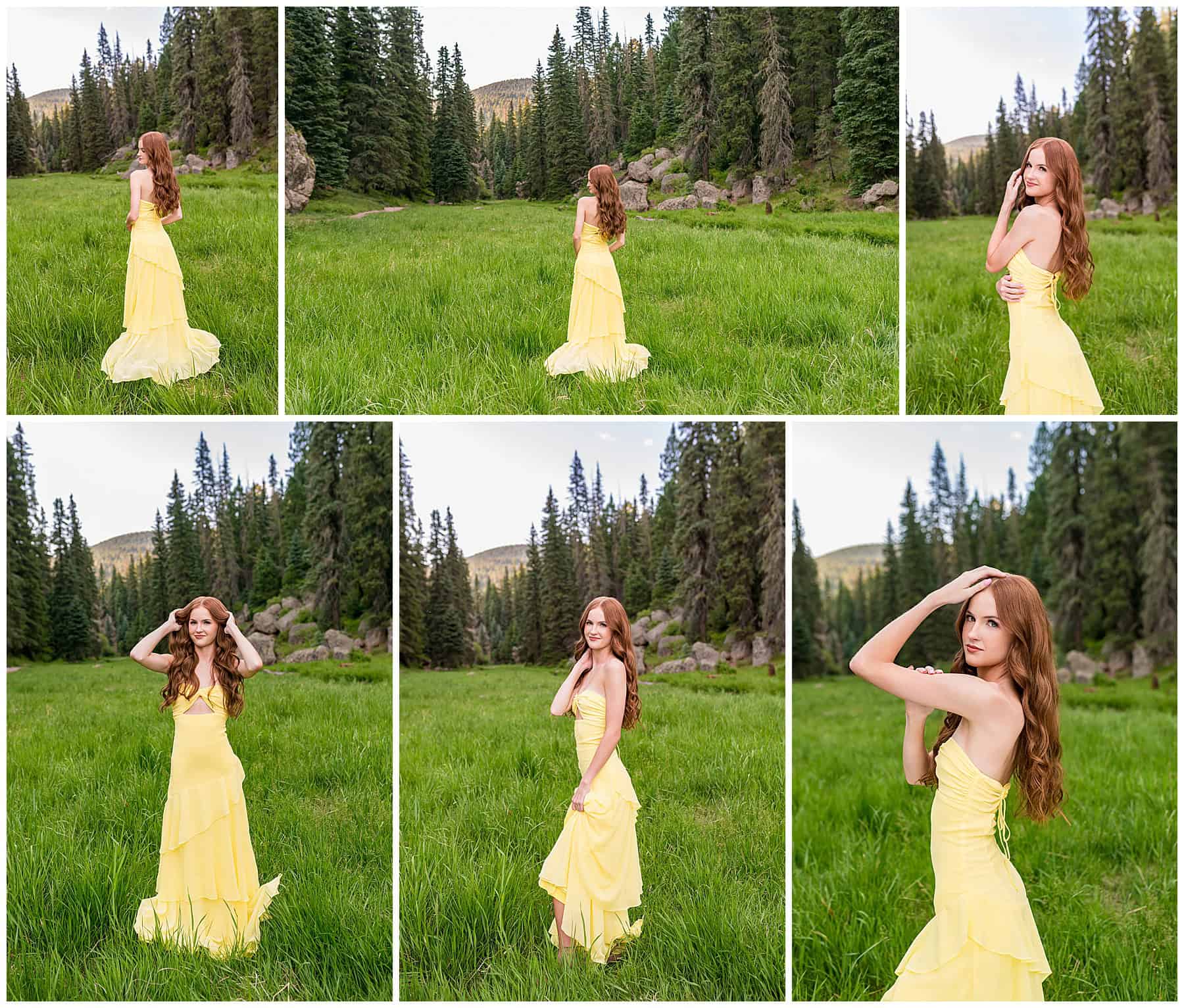 Senior twirling in a yellow dress in a field with tall grass during a natural and relaxed senior session in Rio Rancho.

