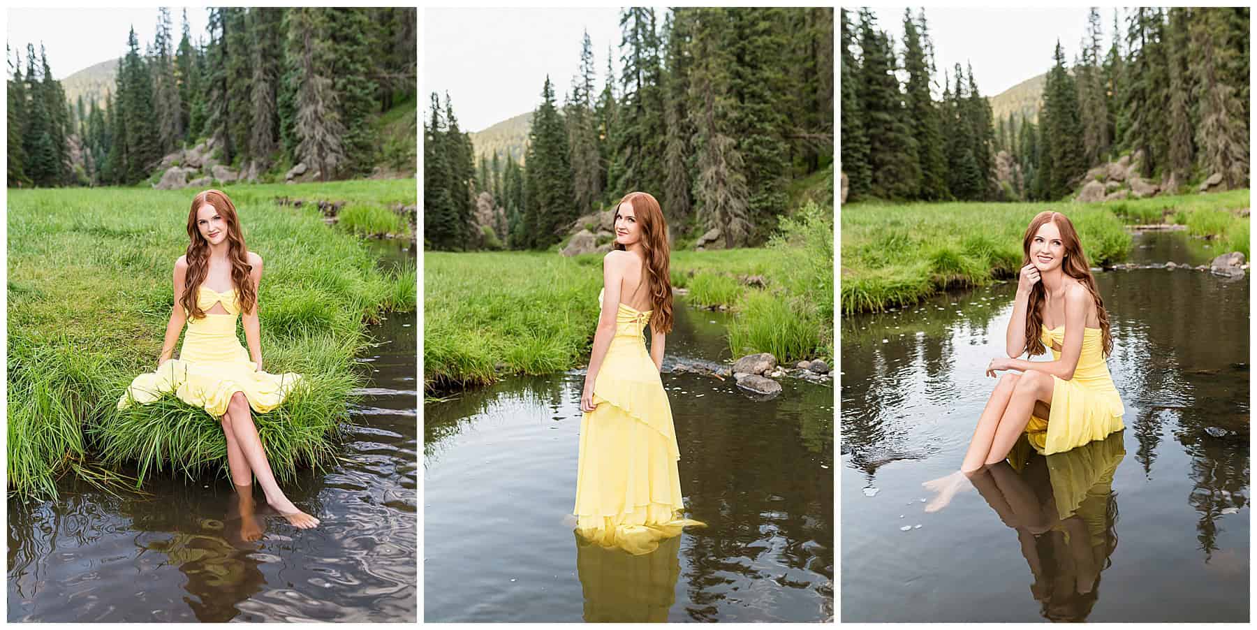 Senior standing barefoot in a river wearing a flowing yellow dress, captured in the mountains of Northern New Mexico.

