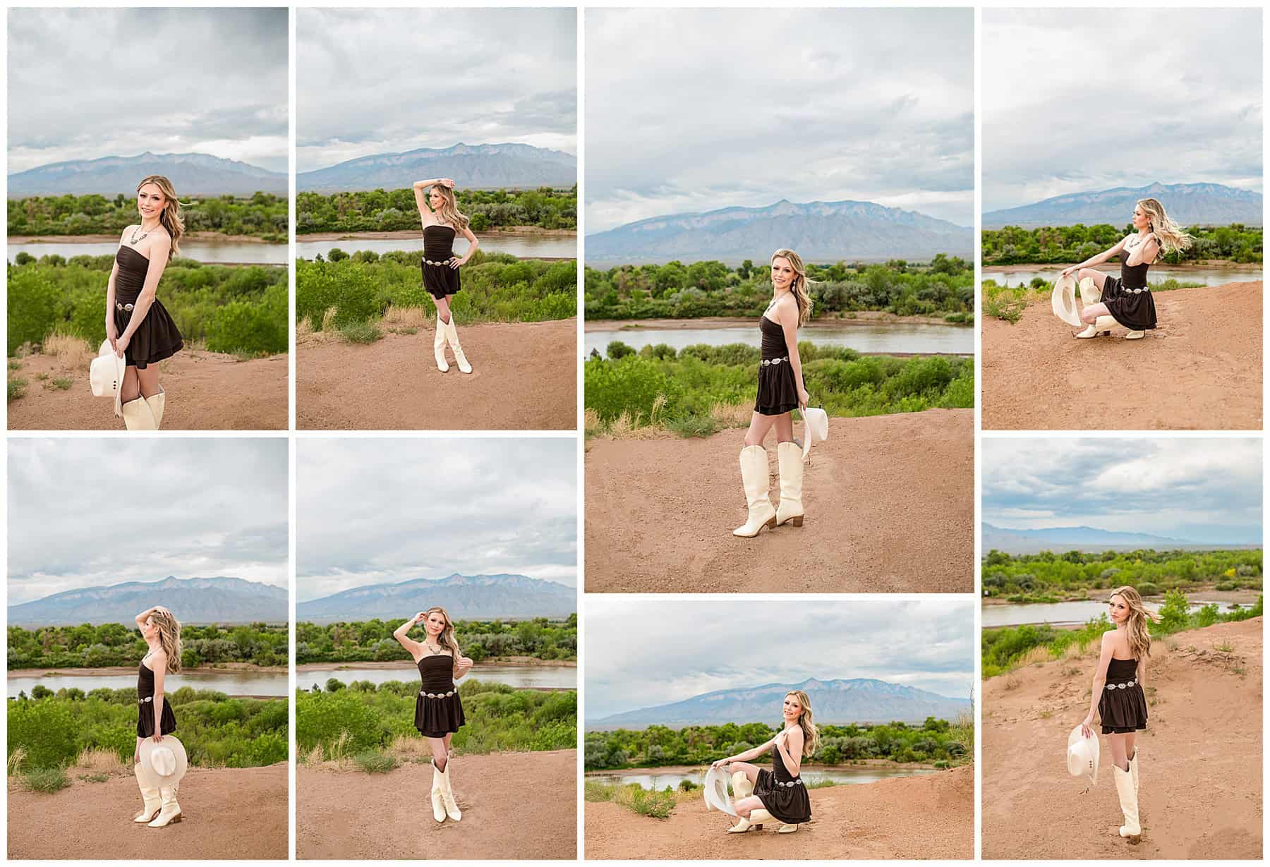 Senior girl smiling with Sandia Mountains in the background at golden hour along the Rio Grande in Albuquerque, New Mexico.
