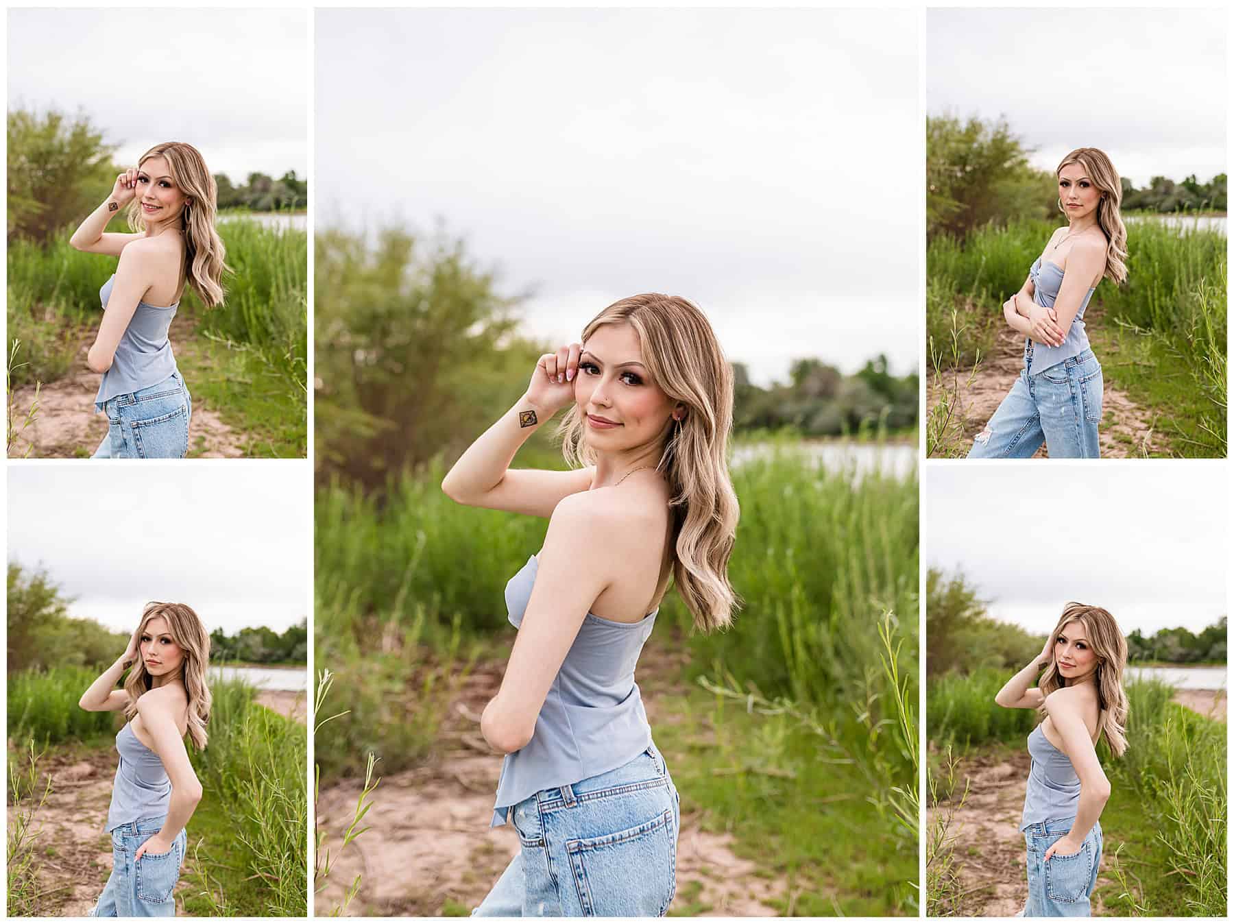 Playful candid of a Las Vegas, NM senior splashing water with her hands during a summer river shoot.