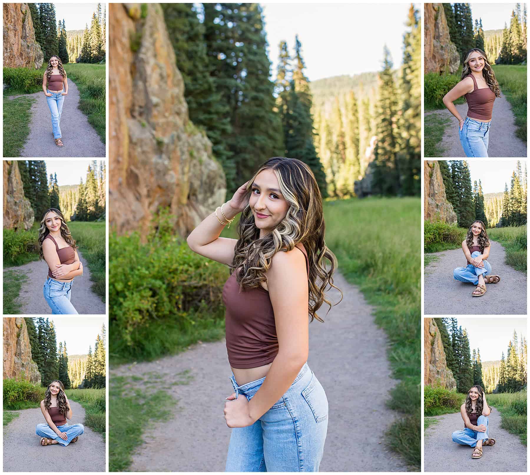Eldorado High School senior girl smiling in tall grass with sunlight filtering through trees in Jemez, New Mexico.