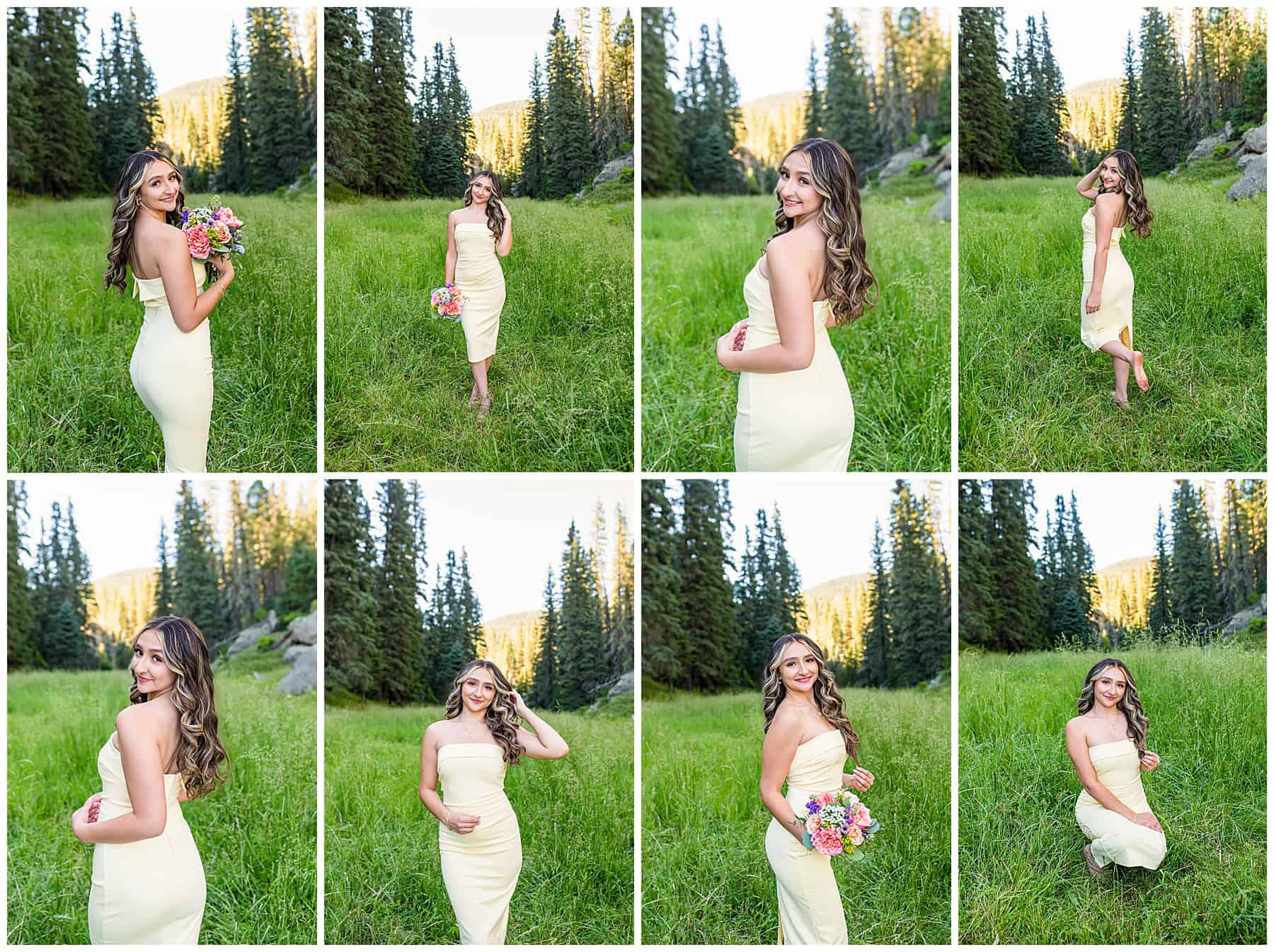 Senior girl looking at her reflection in a mirror placed in the grass, captured during a dreamy portrait shoot.