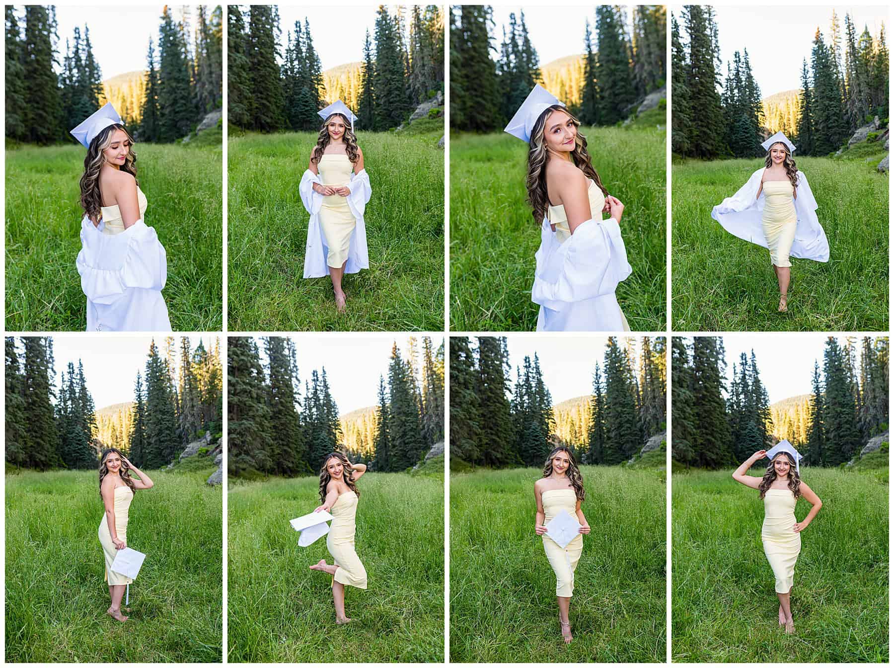 Teen twirling in a grassy field in Jemez with mountains faintly visible in the background.