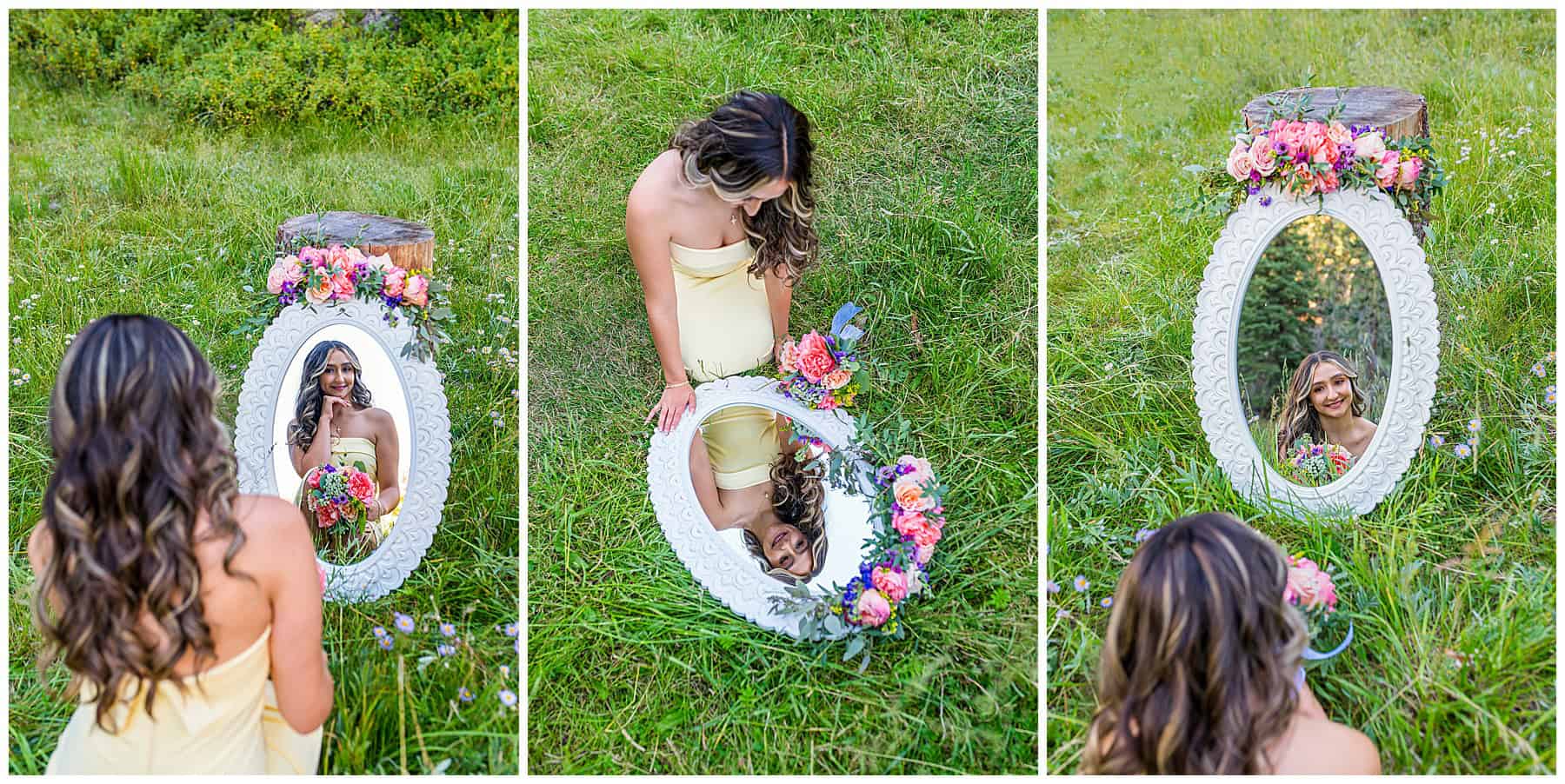 High school senior standing barefoot in the cold river with tall green grass behind her, smiling through the chill.