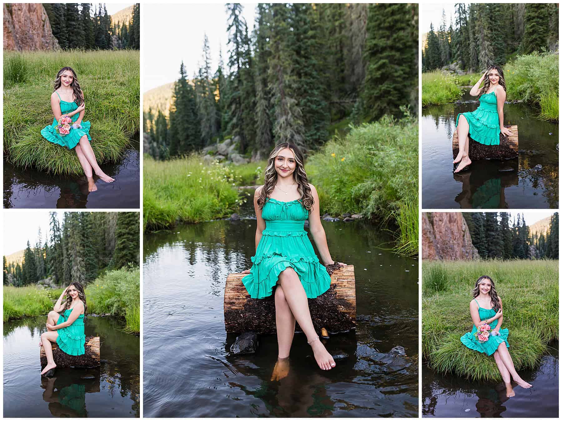 Close-up portrait of senior girl with wet hair and a flower bouquet in hand, standing in the river.
