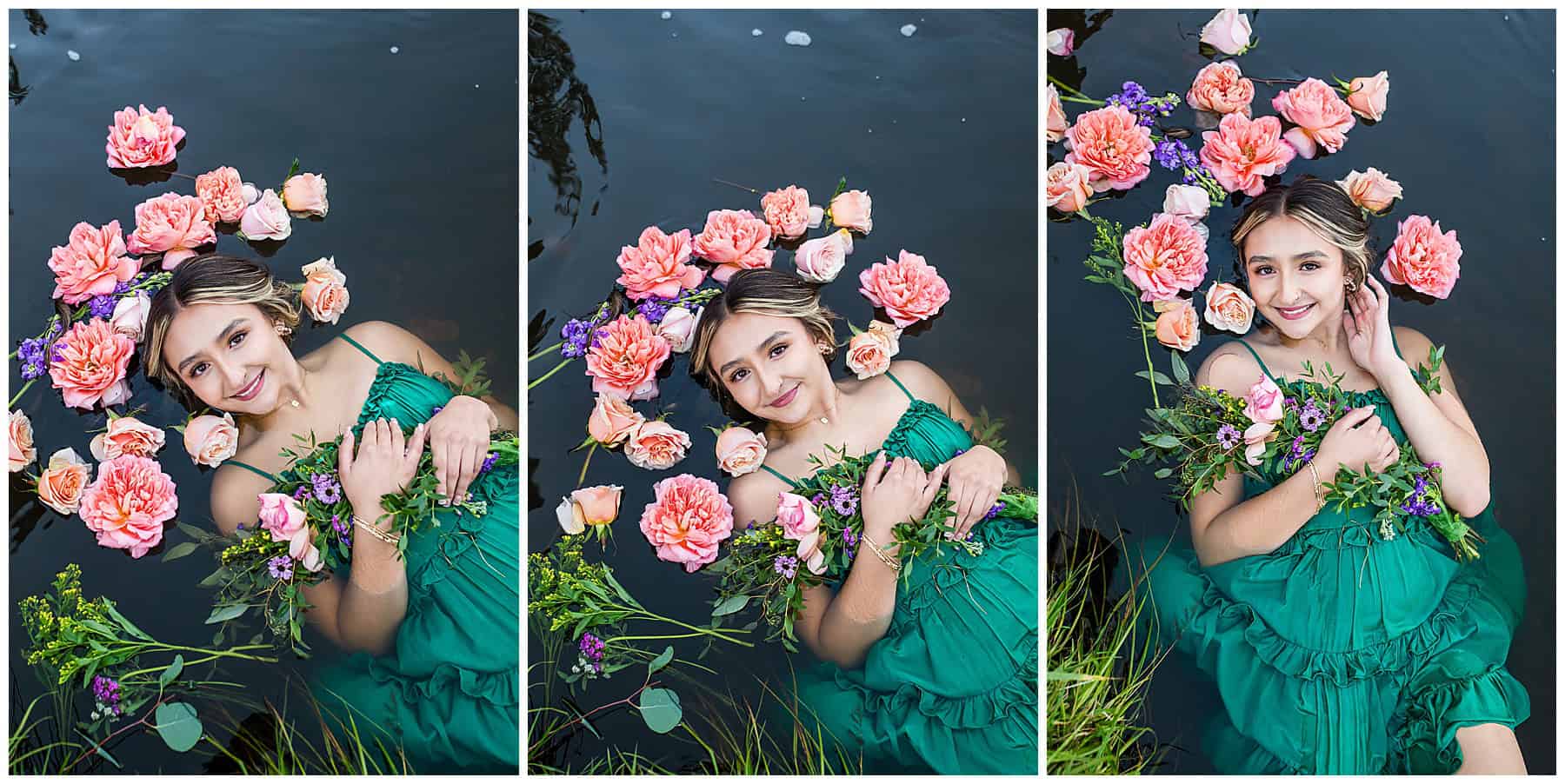 Teen laying in a calm river with flowers floating around her during a creative senior session in Jemez.