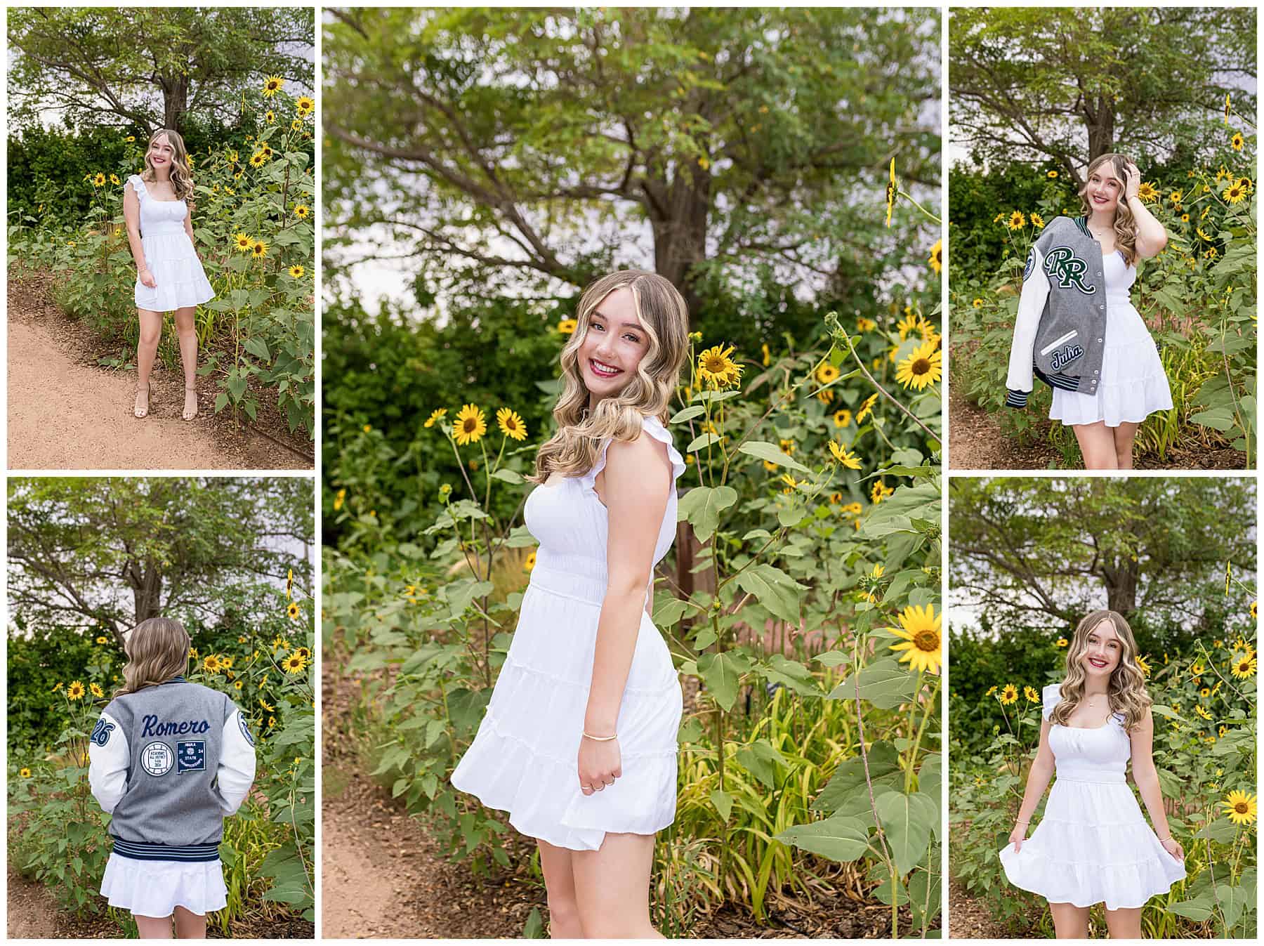 Candid image of Rio Rancho high school senior laughing near sunflower patch with professionally styled hair and makeup.