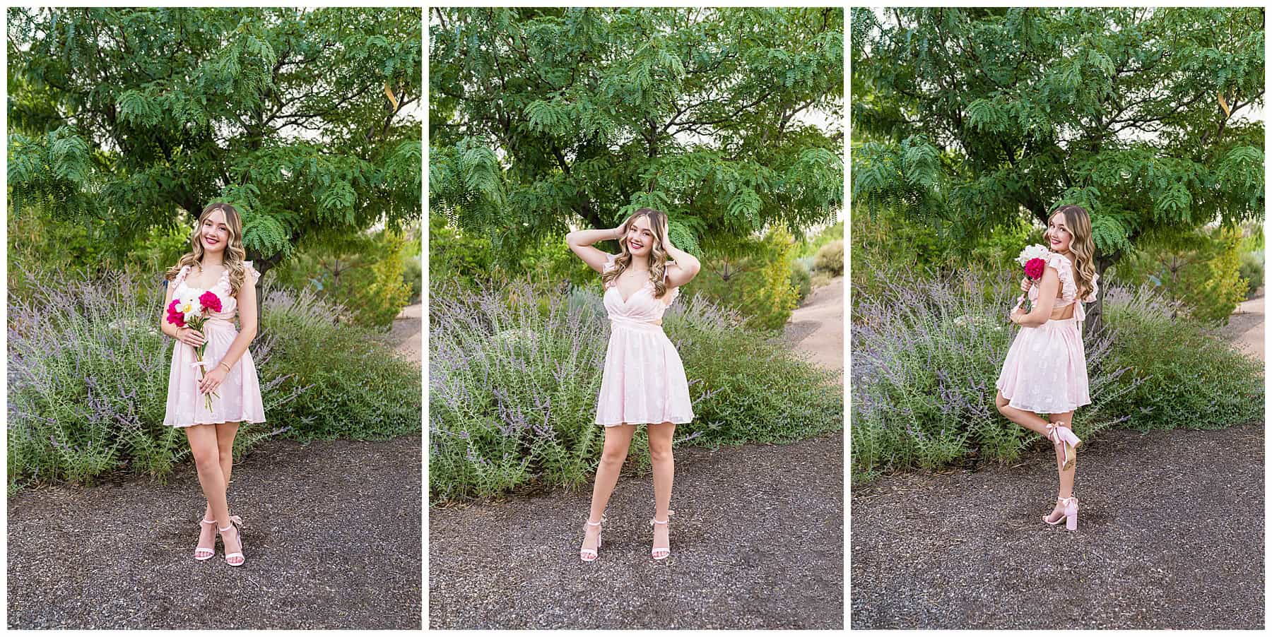 New Mexico High School Senior girl twirling in a field of green trees wearing bold lipstick and natural makeup look.