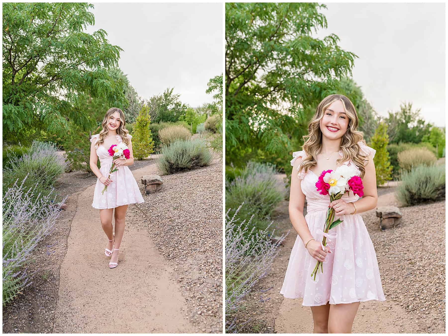 High school senior sitting near blooming lavender, smiling with warm-toned photo makeup.