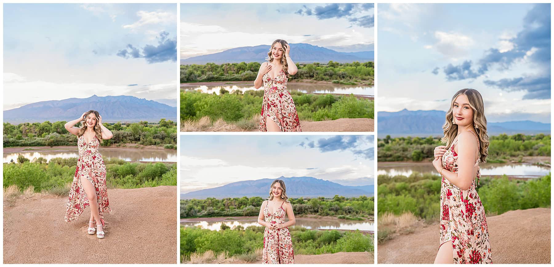 Portrait of Julia with Sandia Mountains behind her, wearing a darker lip color and enhanced lashes.